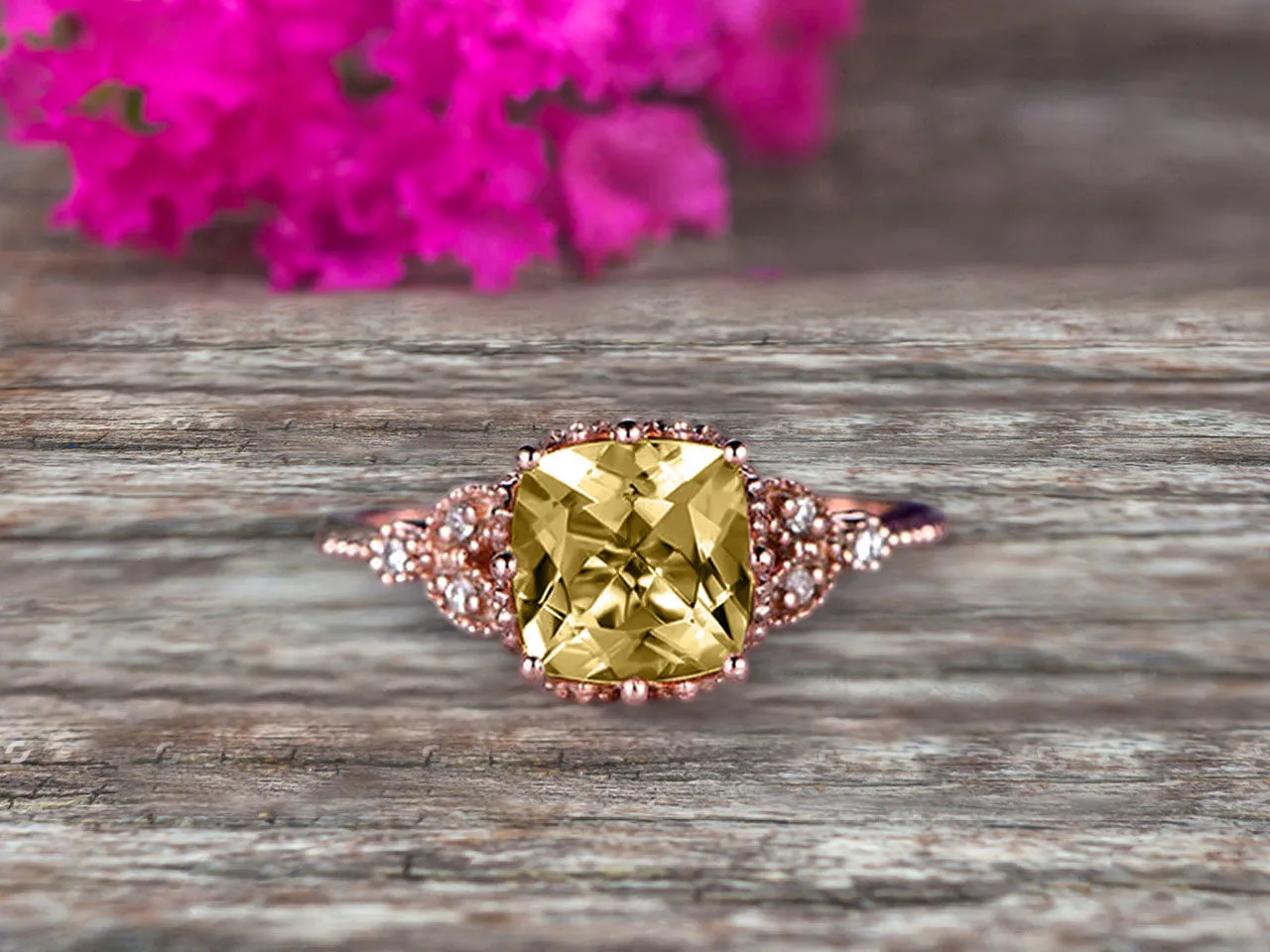Milgrain Edge Cushion Cut 1.50 Carat Champagne Diamond Moissanite Engagement Ring On 10k Rose Gold Anniversary Ring Promise Ring Art deco Surprisingly Ring Gift for her
