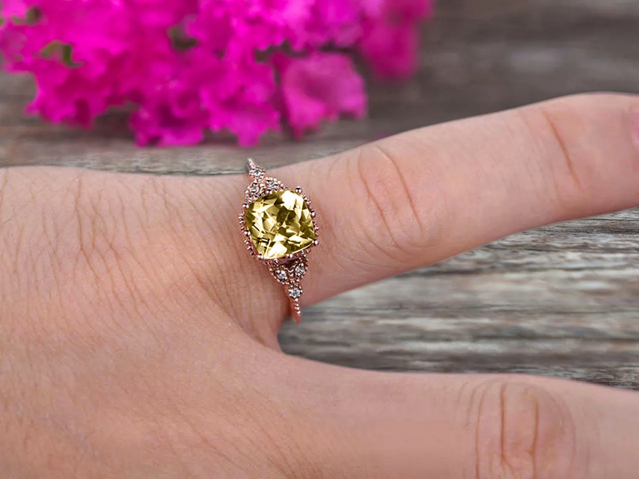 Milgrain Edge Cushion Cut 1.50 Carat Champagne Diamond Moissanite Engagement Ring On 10k Rose Gold Anniversary Ring Promise Ring Art deco Surprisingly Ring Gift for her