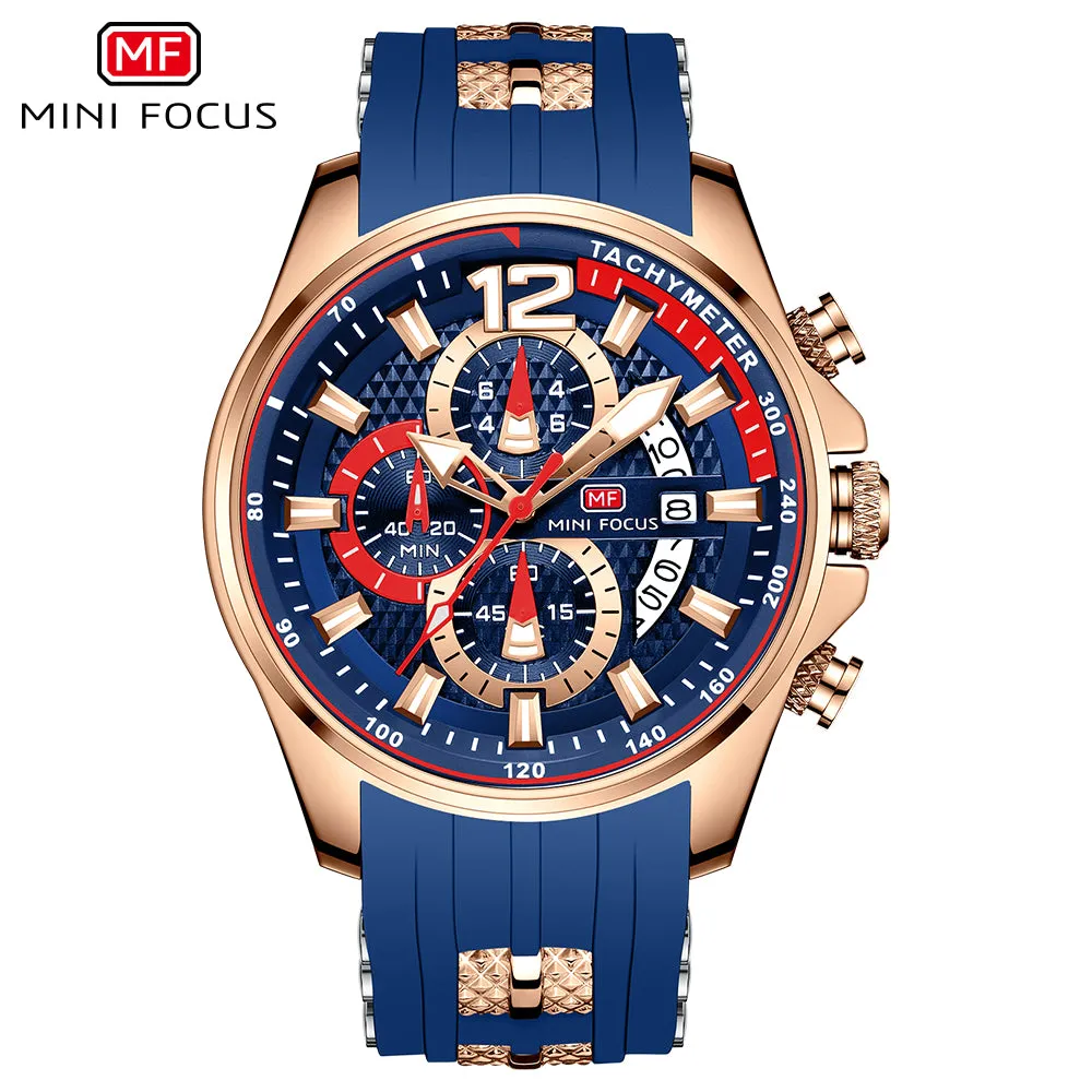 Mini Focus Blue Silicone Strap Strap Blue Dial Chronograph Quartz Watch for Gents - MF0350G-02