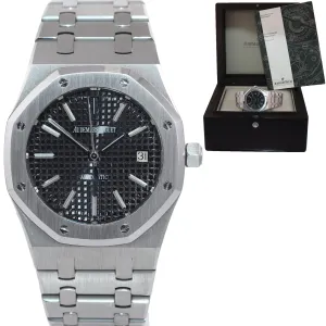 MINT Audemars Piguet Royal Oak Black Stick Dial 39mm Steel 15300 Date Watch Box