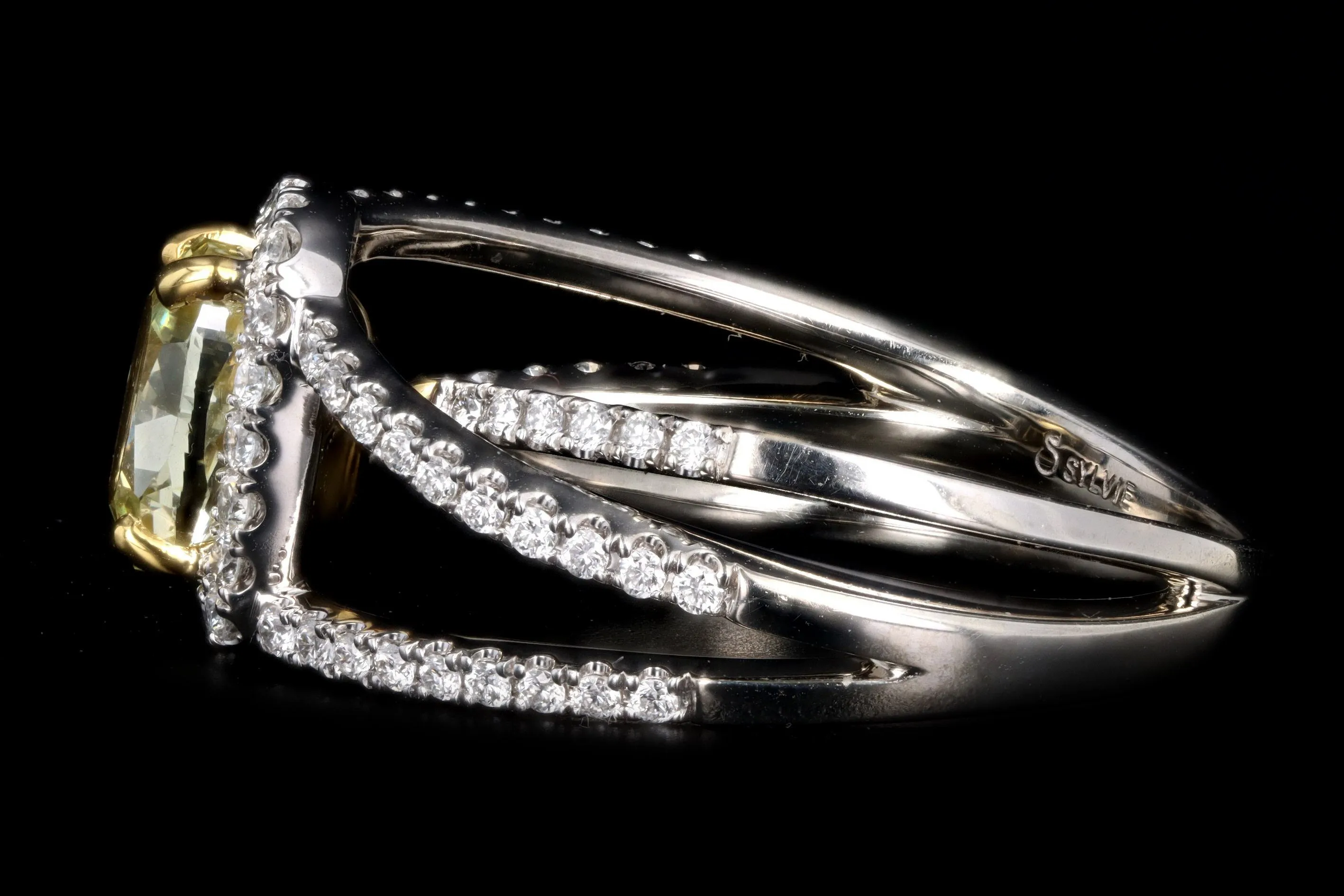 Modern 14K White Gold 1.50 Carat Fancy Yellow Cushion Diamond Engagement Ring