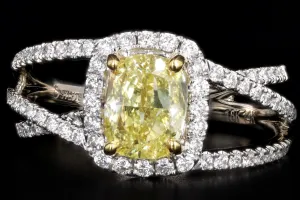 Modern 14K White Gold 1.50 Carat Fancy Yellow Cushion Diamond Engagement Ring