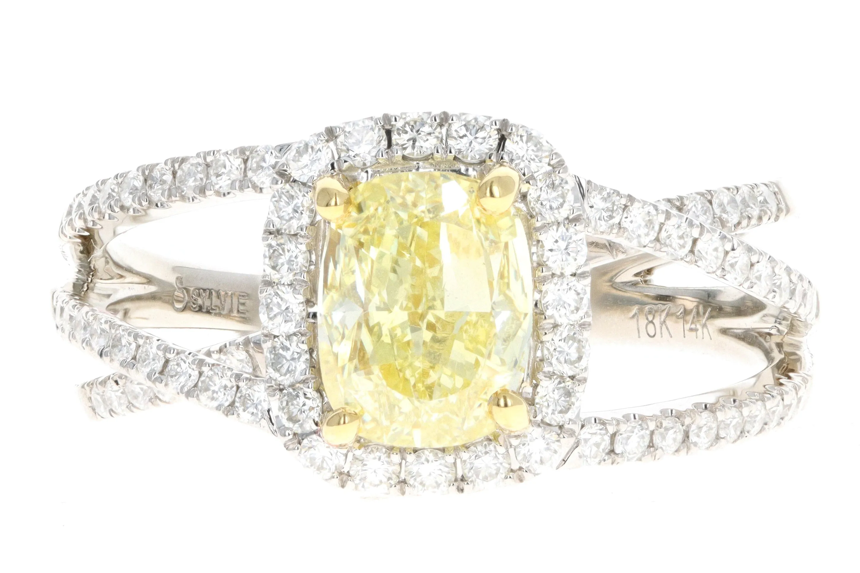 Modern 14K White Gold 1.50 Carat Fancy Yellow Cushion Diamond Engagement Ring