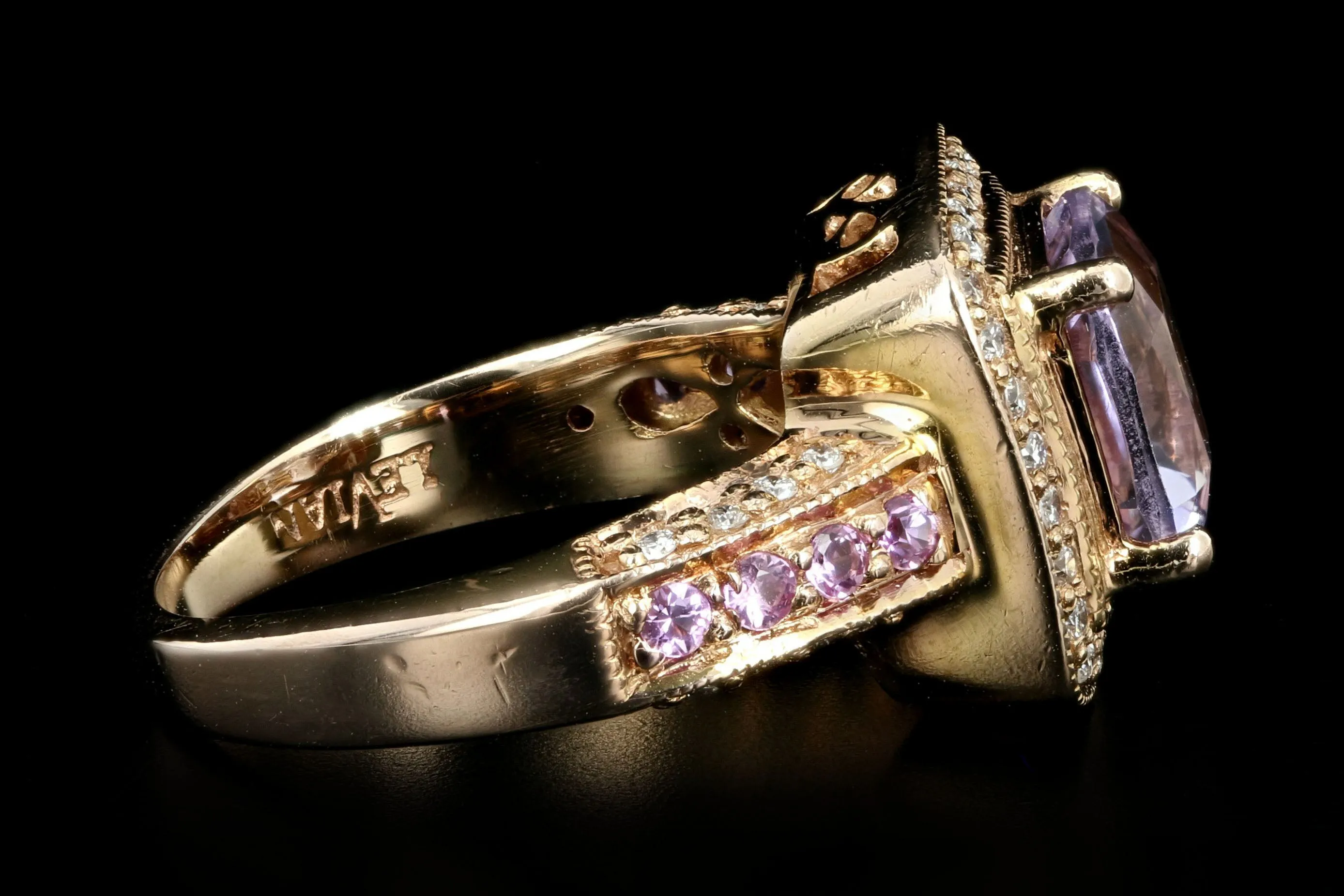 Modern Le Vian 14K Rose Gold 2.2 Carat Cushion Cut Amethyst & Diamond Halo Ring