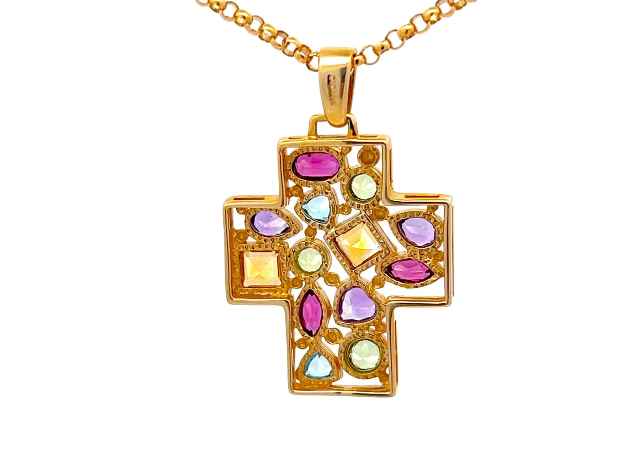 Multi Colored Gemstone Cross Necklace in 14k Yellow Gold