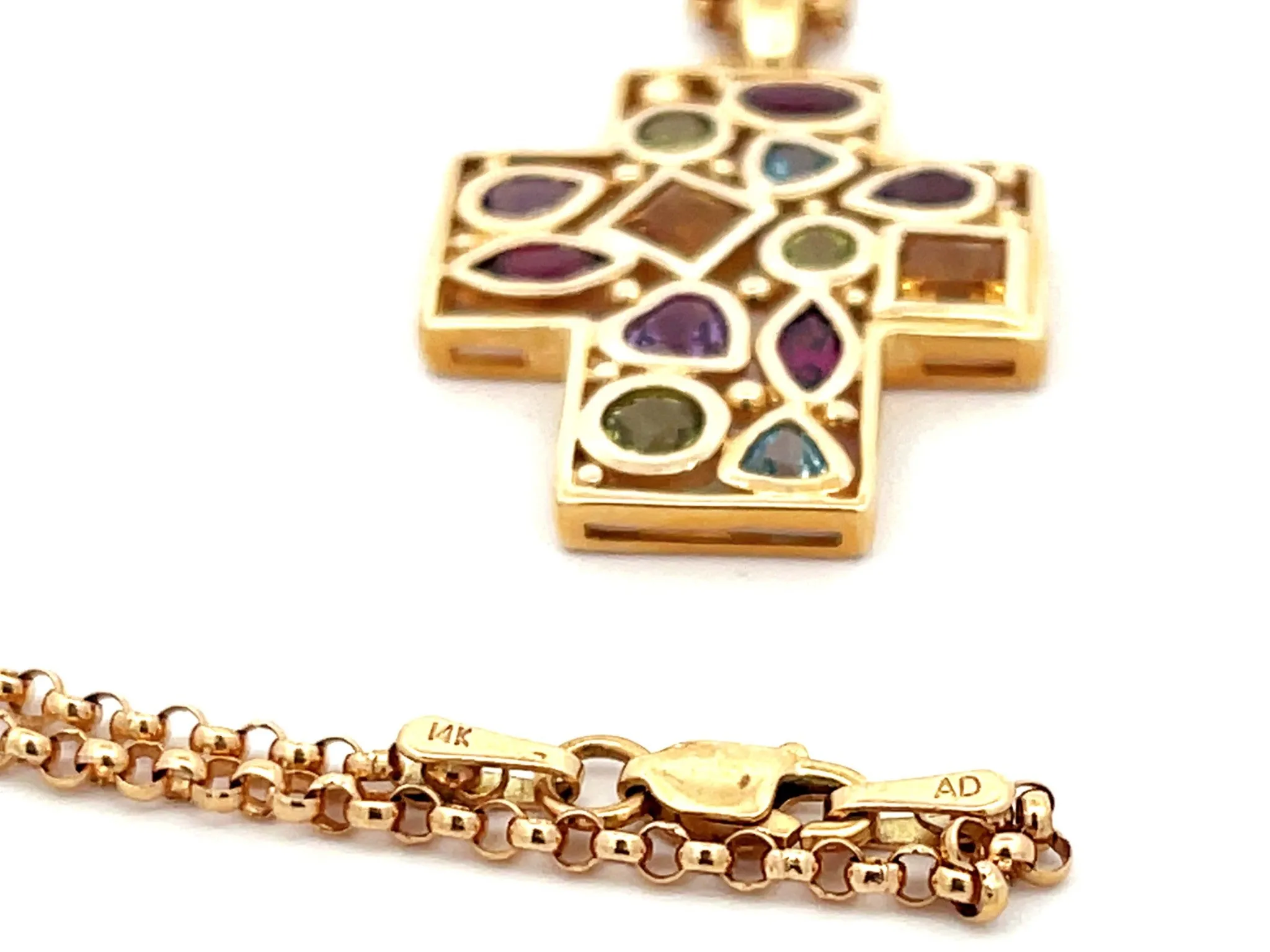 Multi Colored Gemstone Cross Necklace in 14k Yellow Gold