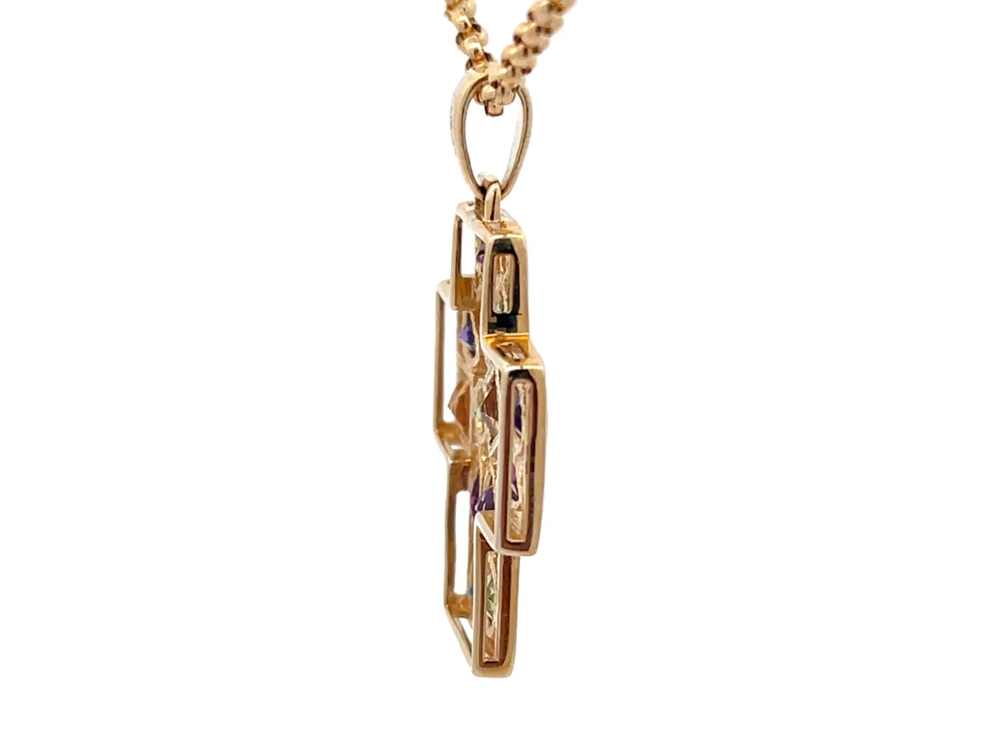 Multi Colored Gemstone Cross Necklace in 14k Yellow Gold