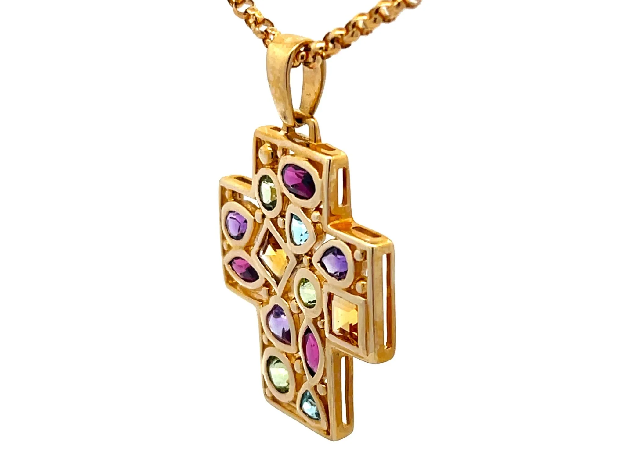 Multi Colored Gemstone Cross Necklace in 14k Yellow Gold