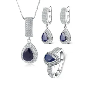 Natural Blue Sapphire Gemstone Jewelry Set – 925 Sterling Silver Pendant, Earrings, Ring