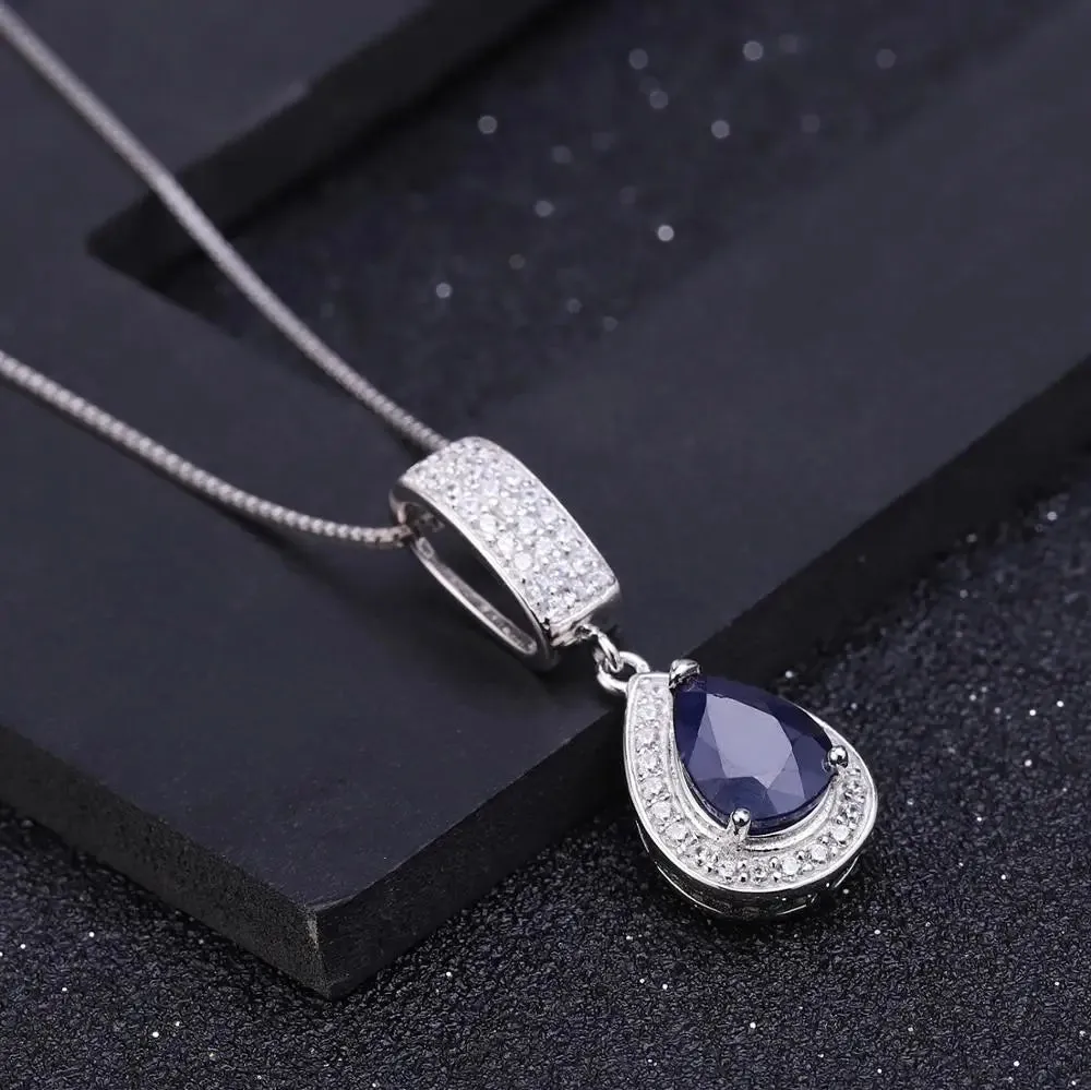 Natural Blue Sapphire Gemstone Jewelry Set – 925 Sterling Silver Pendant, Earrings, Ring