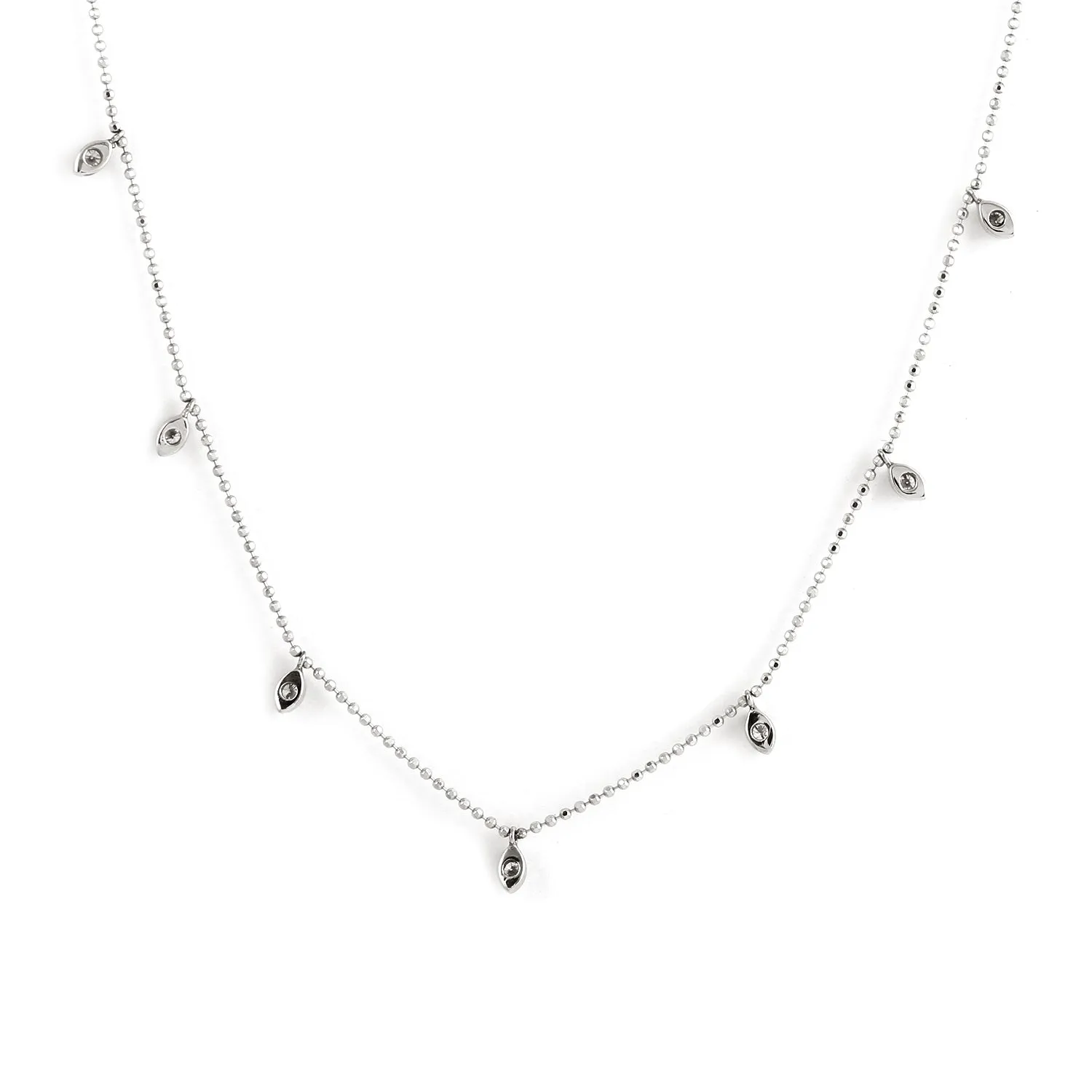 Natural Gemstone Diamond Station Chain 18k White Gold Bead Chain Necklace