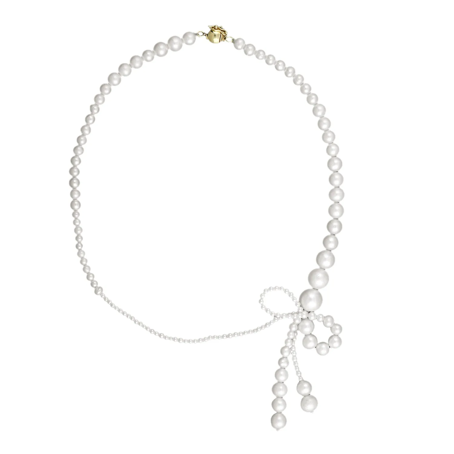Natural Pearl Round Beads Bow Design Choker Necklace In 18K Yellow Gold