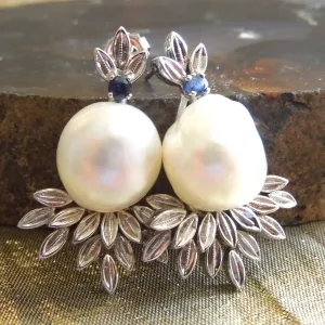 Natural South Sea Baroque Pearl Earrings in White Gold with Sapphire