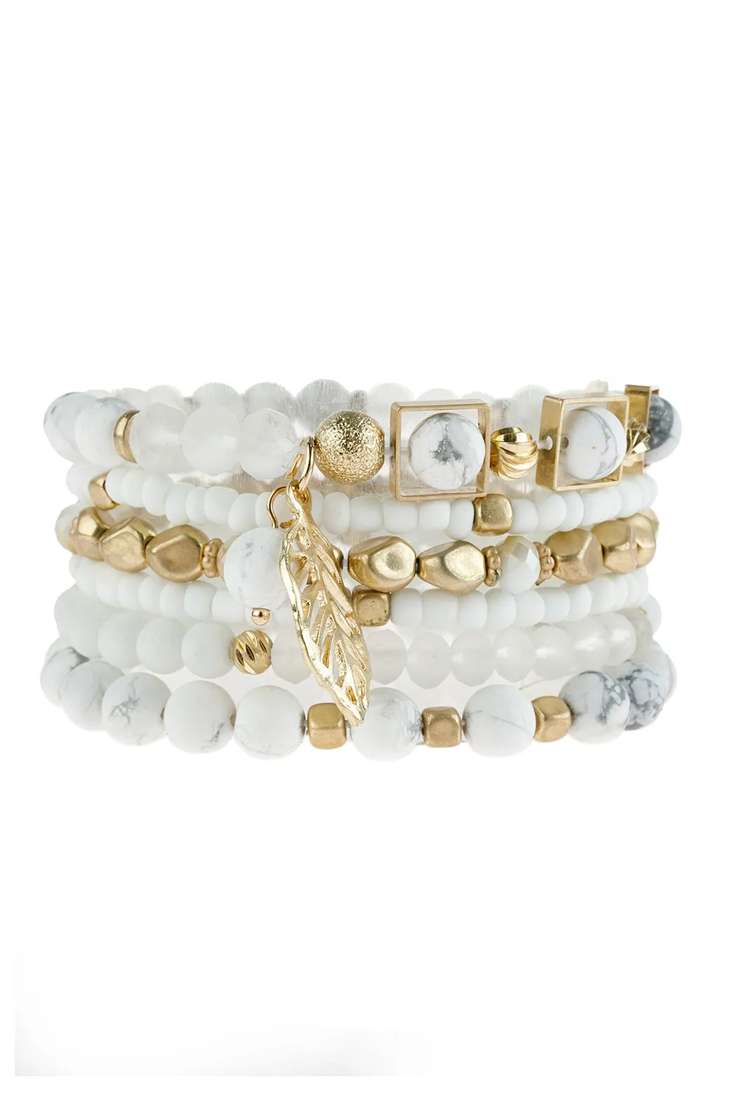 NATURAL STONE MIXED BEADS LEAF CHARM BRACELET