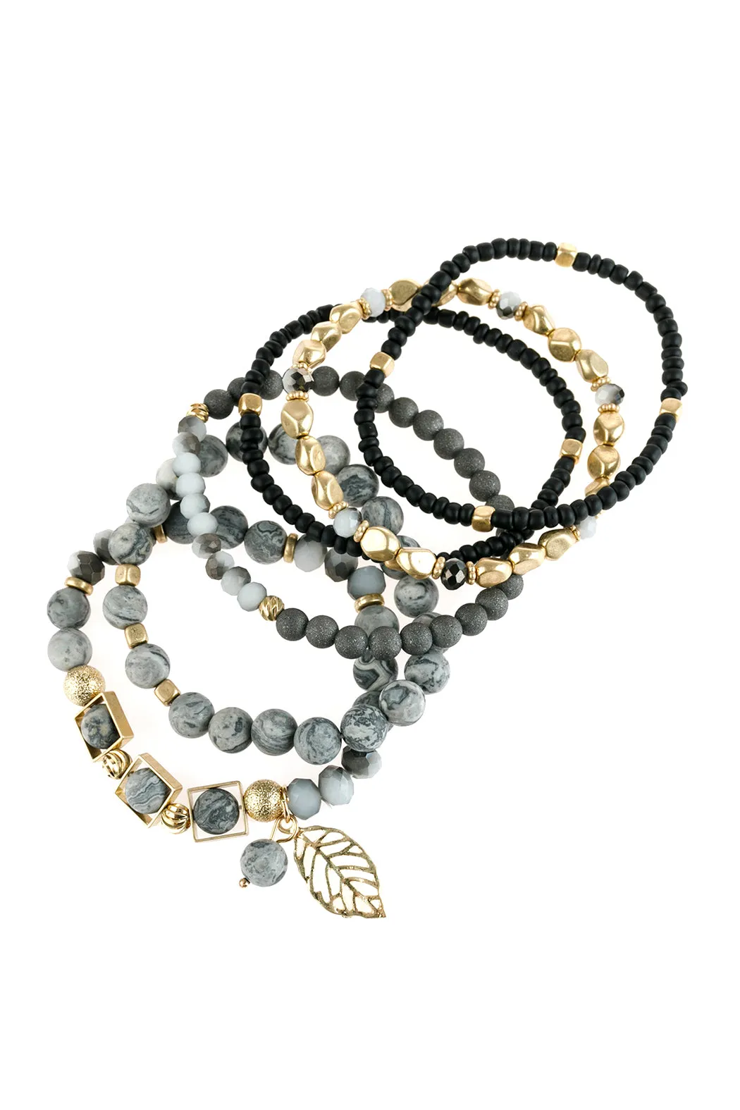 NATURAL STONE MIXED BEADS LEAF CHARM BRACELET