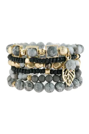NATURAL STONE MIXED BEADS LEAF CHARM BRACELET