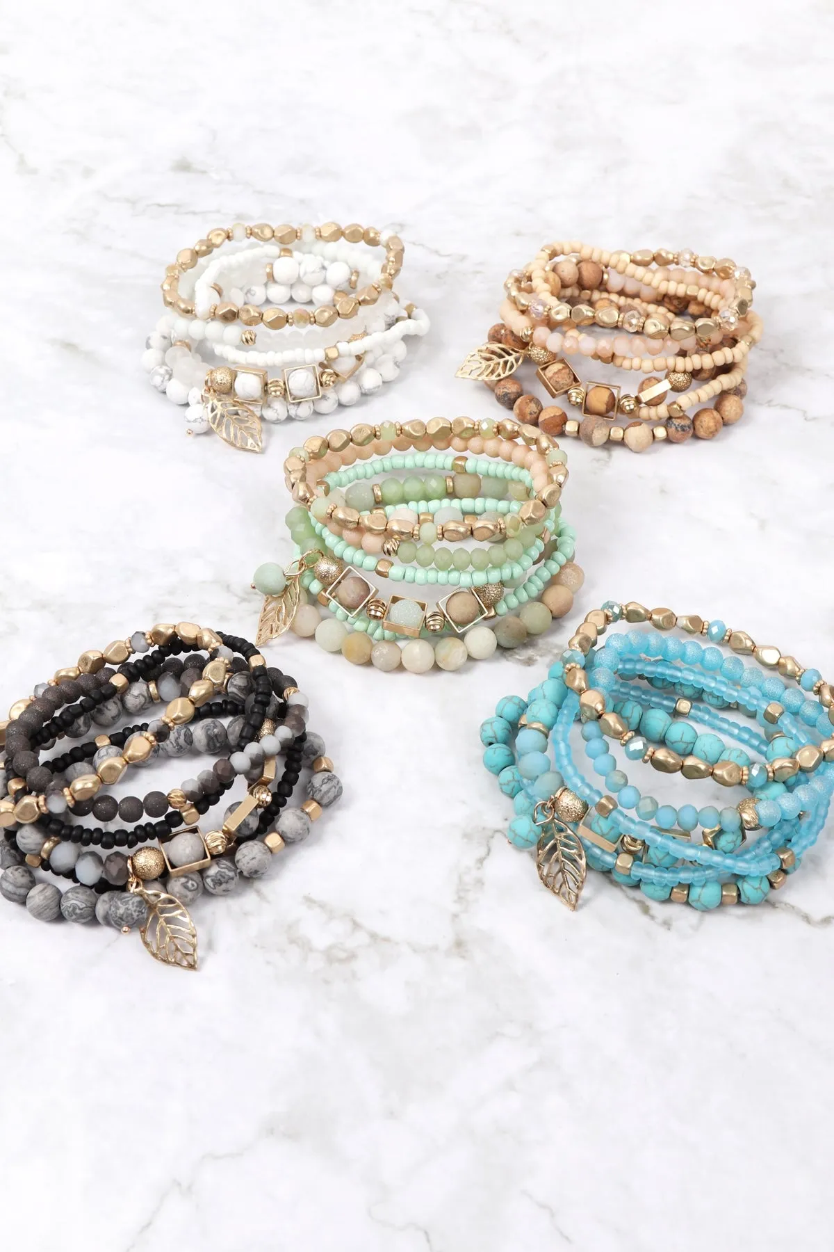NATURAL STONE MIXED BEADS LEAF CHARM BRACELET