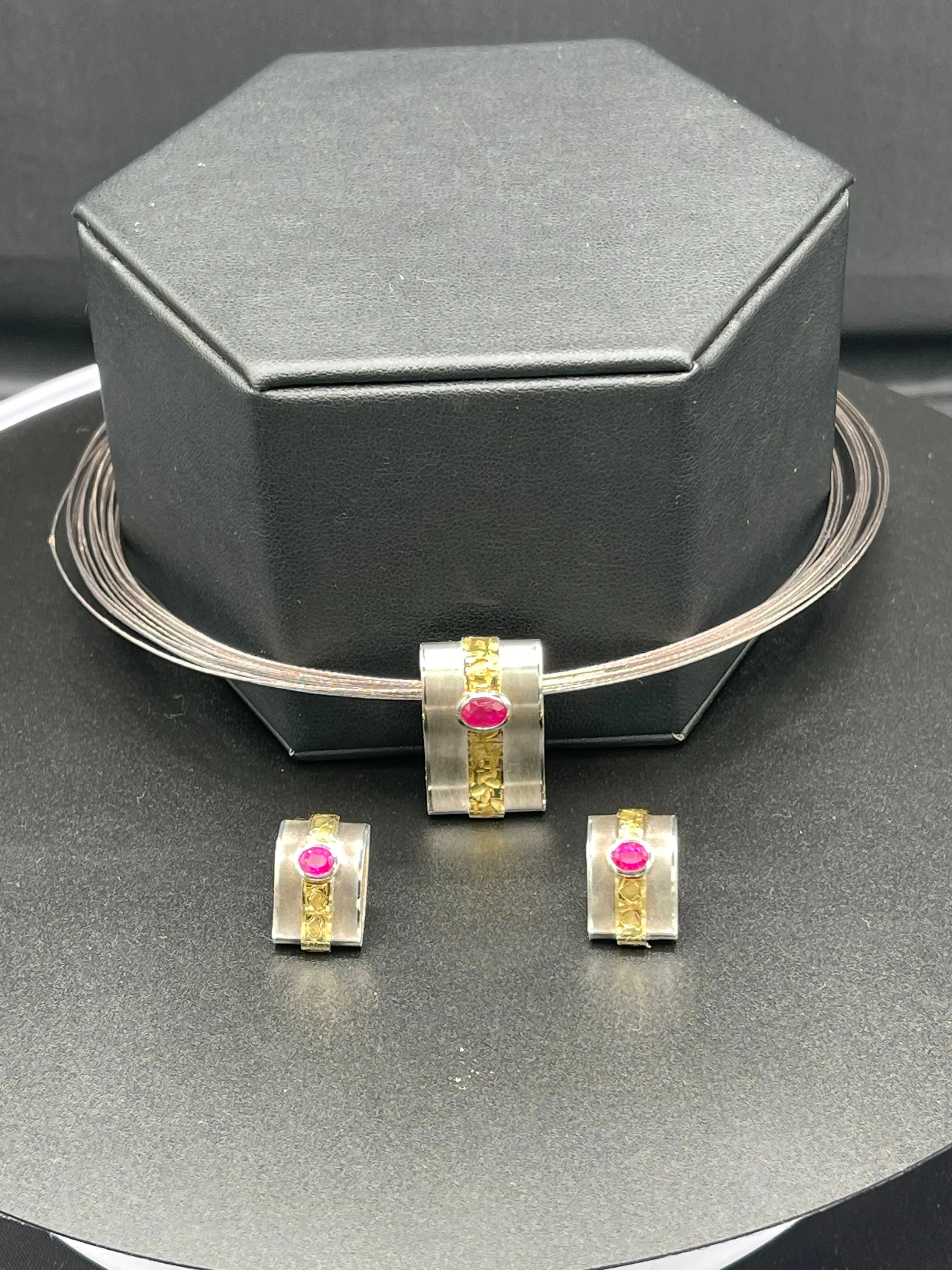 Natural Unheated Ruby Sterling Silver 18k Gold Necklace & Earring Set