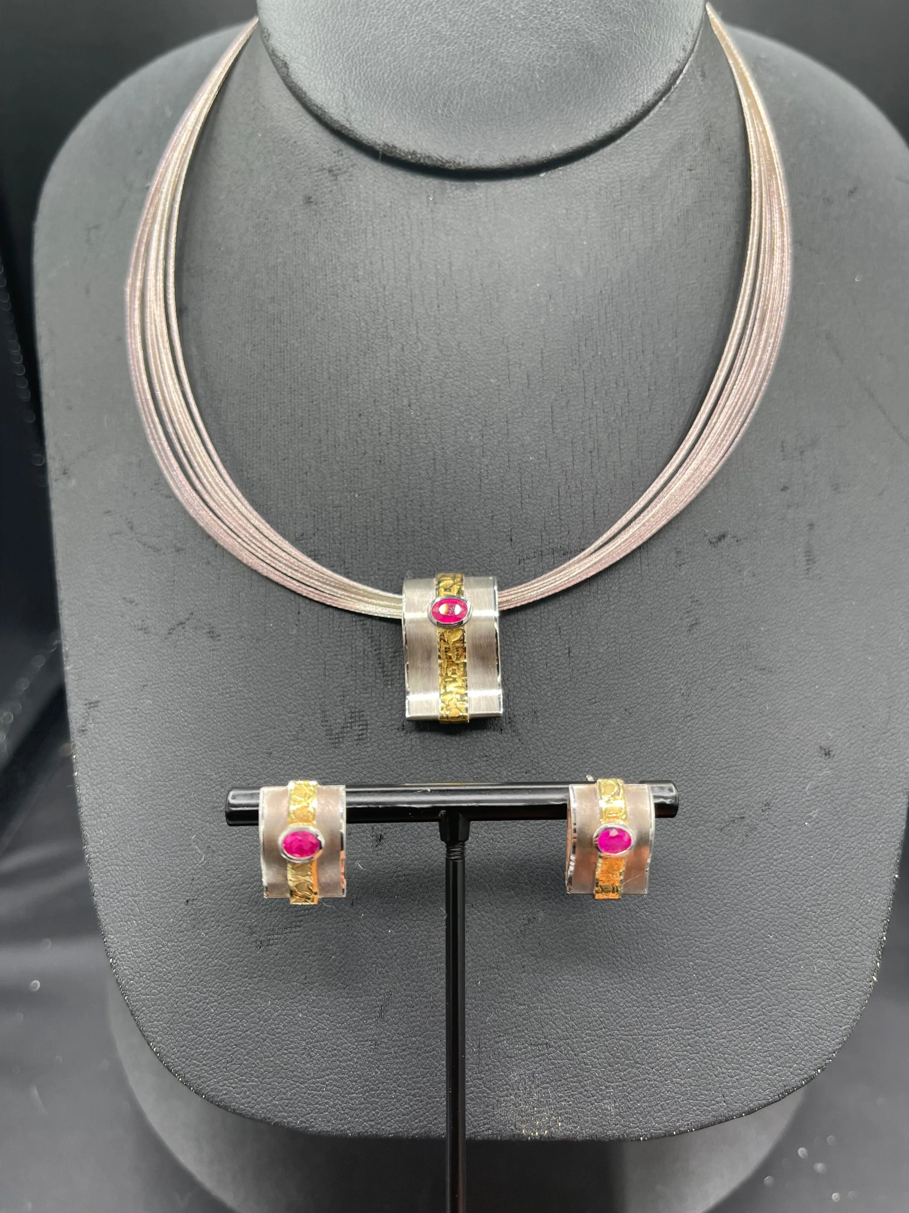 Natural Unheated Ruby Sterling Silver 18k Gold Necklace & Earring Set