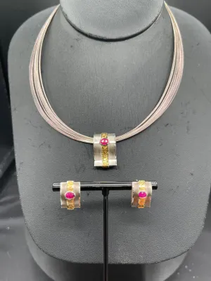 Natural Unheated Ruby Sterling Silver 18k Gold Necklace & Earring Set