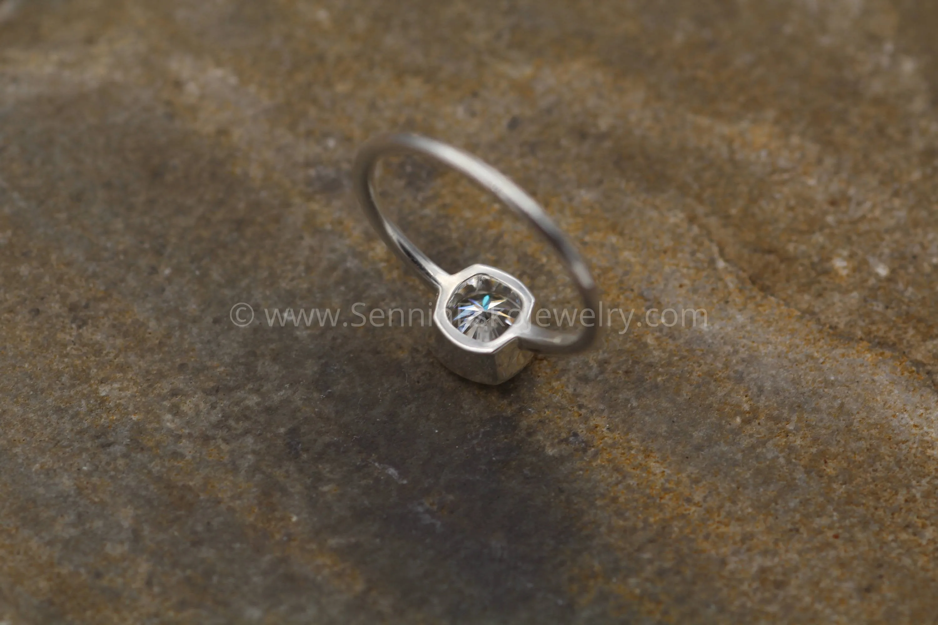 Near Colorless 6x6 Moissanite Cushion Cut Bezel White Gold Solitaire Ring - Forever One Moissanite