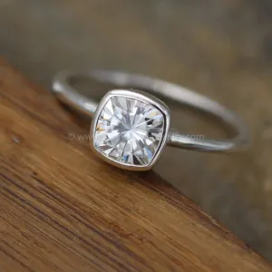 Near Colorless 6x6 Moissanite Cushion Cut Bezel White Gold Solitaire Ring - Forever One Moissanite