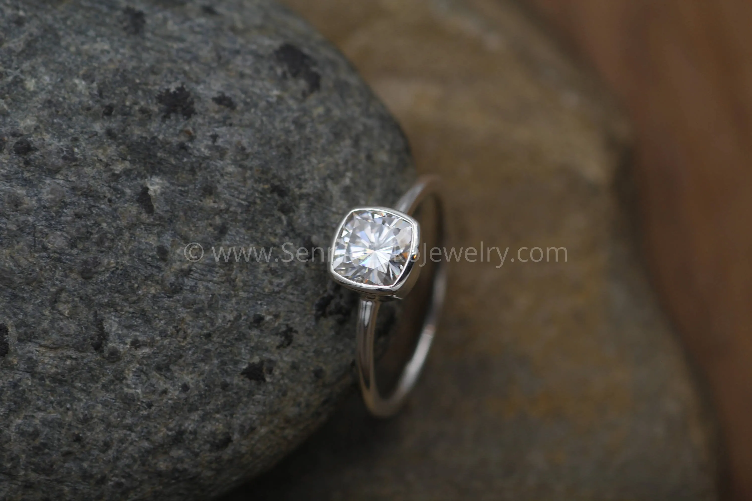 Near Colorless 6x6 Moissanite Cushion Cut Bezel White Gold Solitaire Ring - Forever One Moissanite
