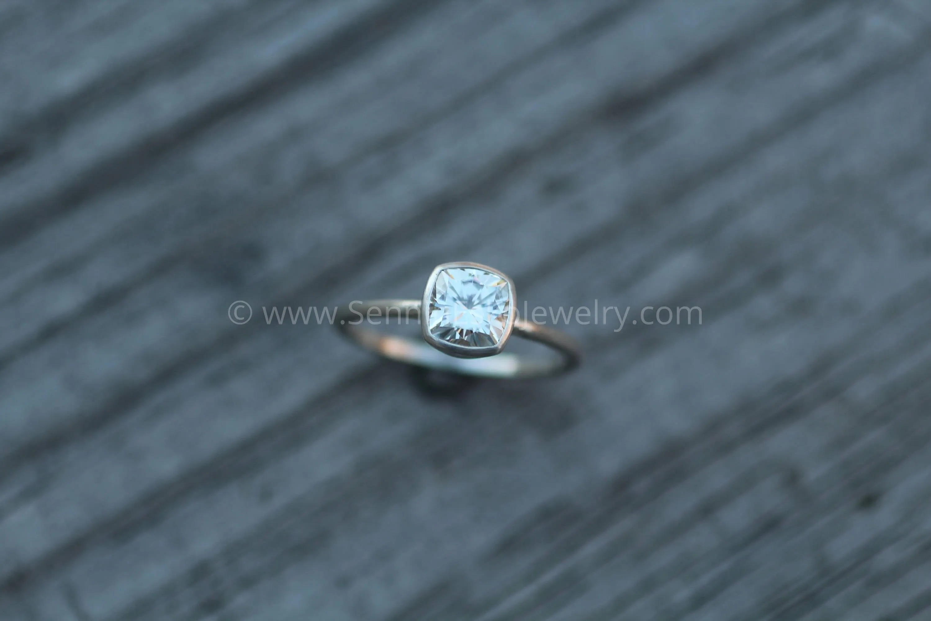 Near Colorless 6x6 Moissanite Cushion Cut Bezel White Gold Solitaire Ring - Forever One Moissanite