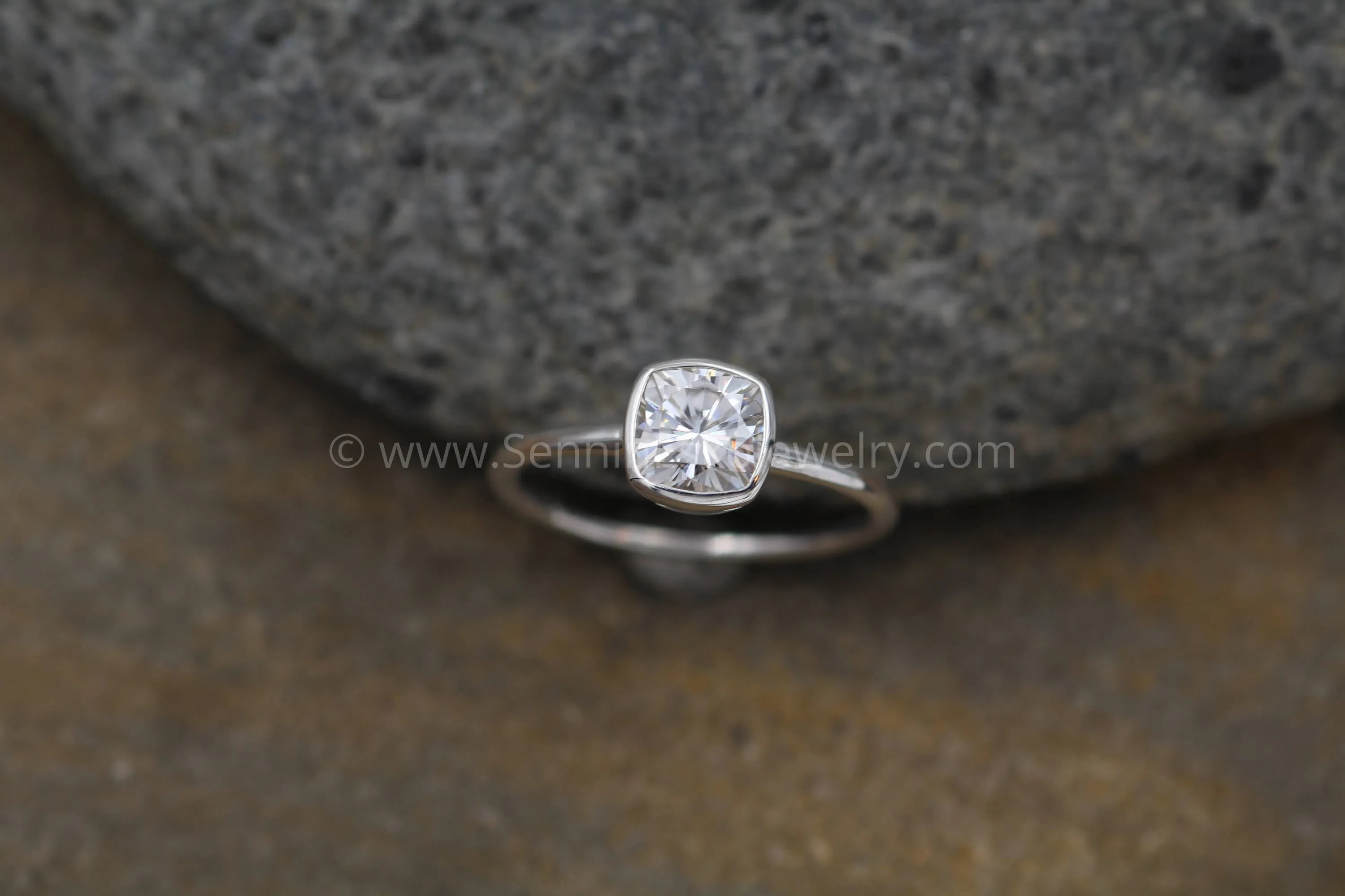 Near Colorless 6x6 Moissanite Cushion Cut Bezel White Gold Solitaire Ring - Forever One Moissanite