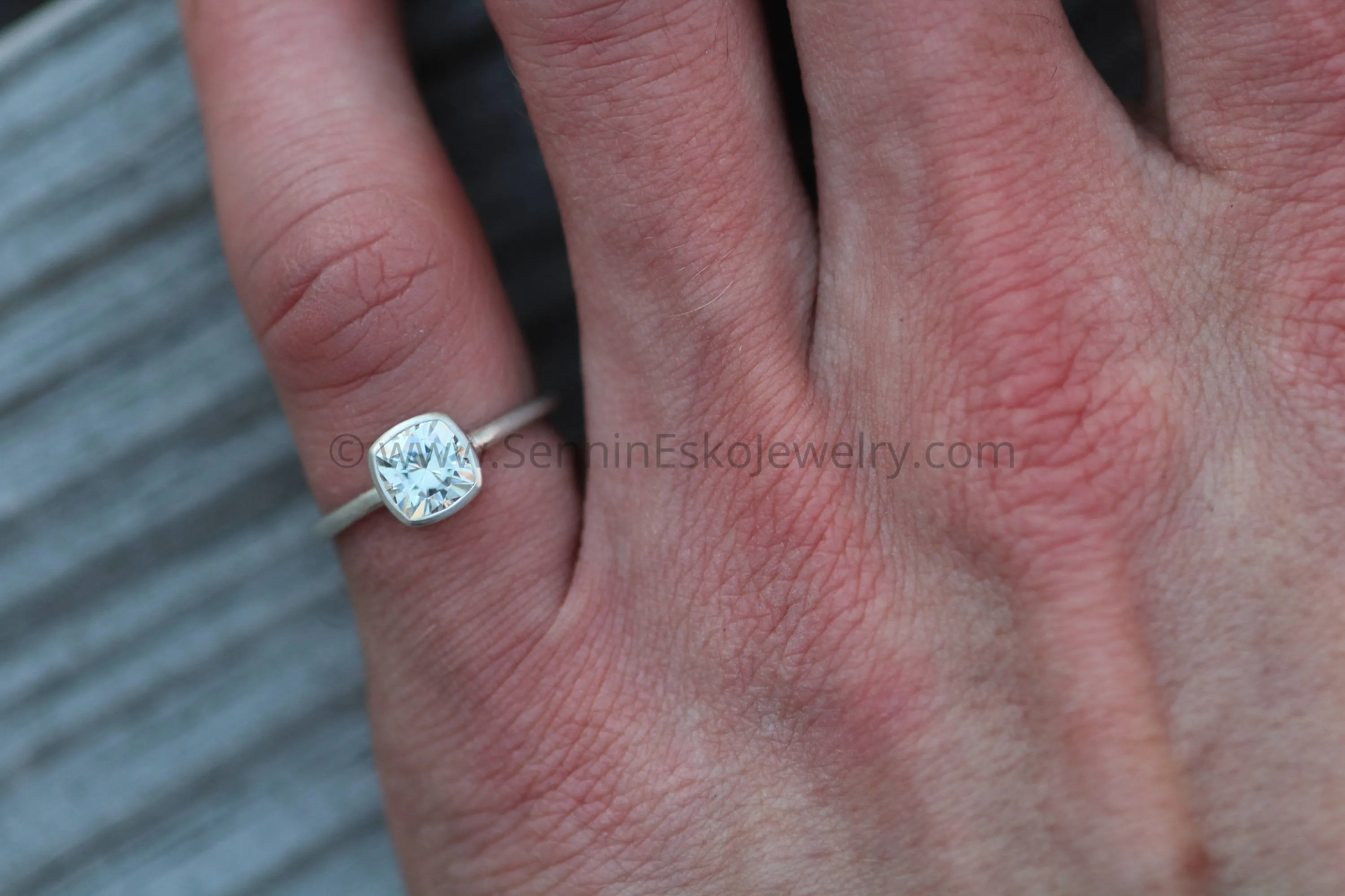 Near Colorless 6x6 Moissanite Cushion Cut Bezel White Gold Solitaire Ring - Forever One Moissanite