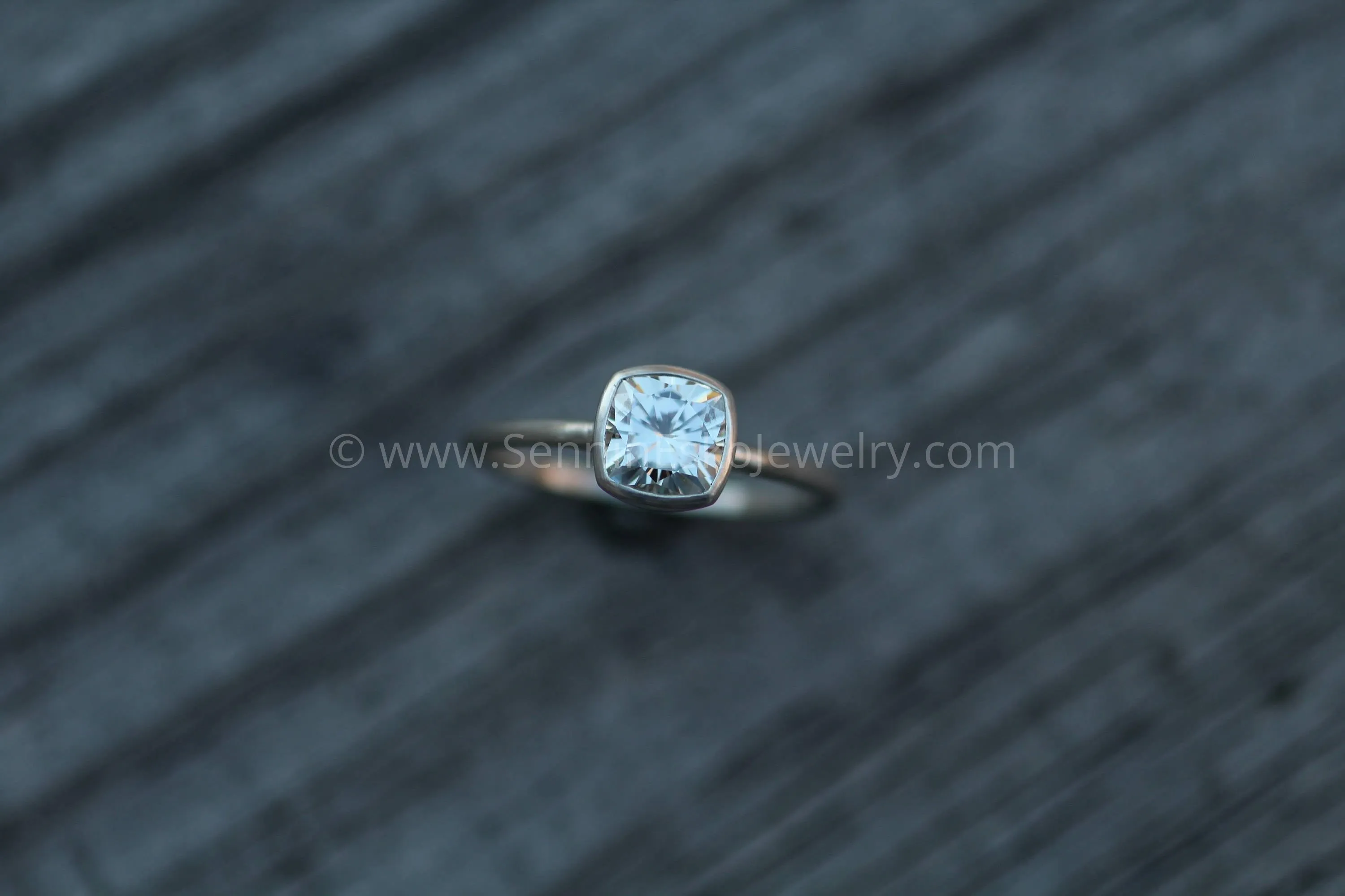 Near Colorless 6x6 Moissanite Cushion Cut Bezel White Gold Solitaire Ring - Forever One Moissanite