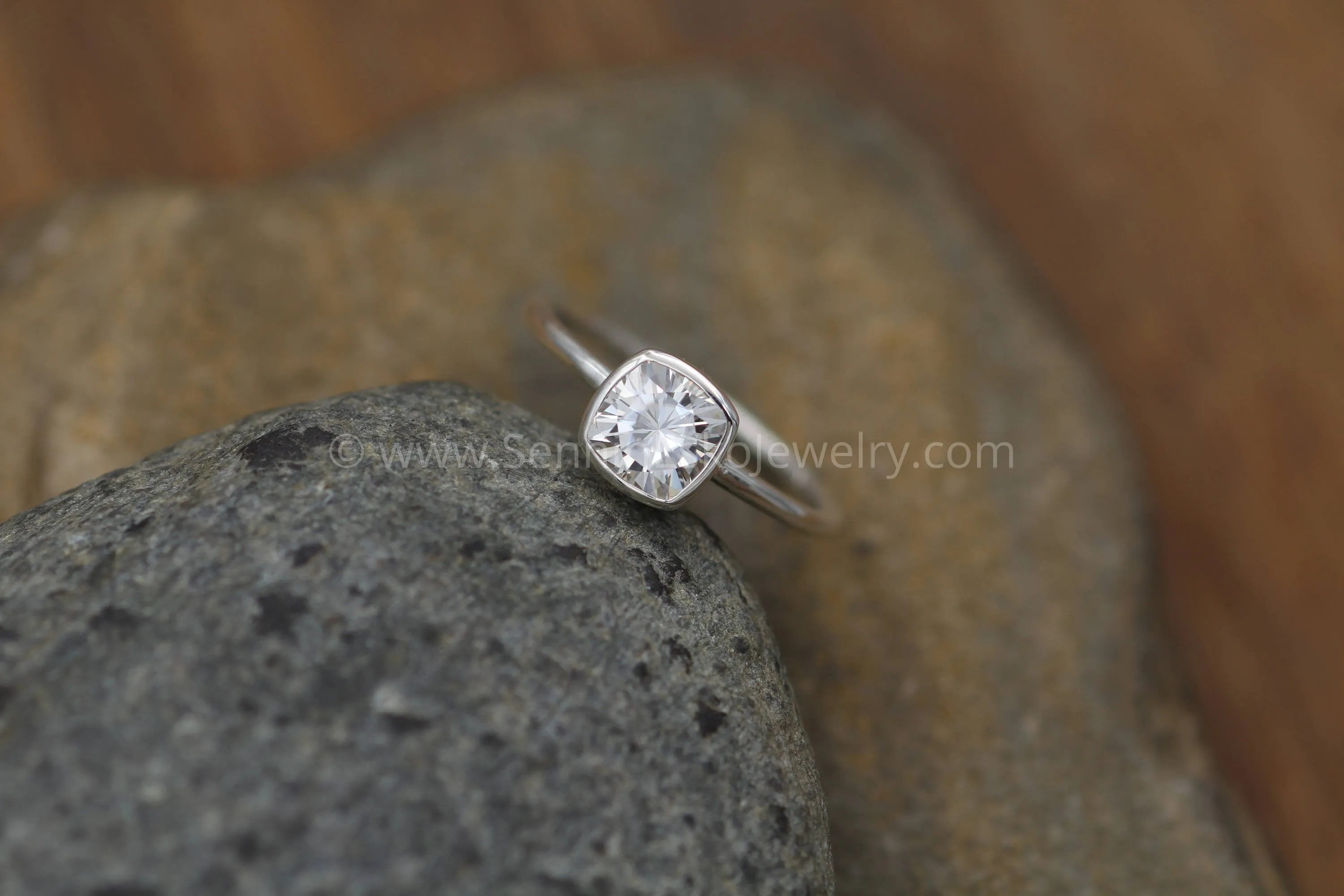 Near Colorless 6x6 Moissanite Cushion Cut Bezel White Gold Solitaire Ring - Forever One Moissanite