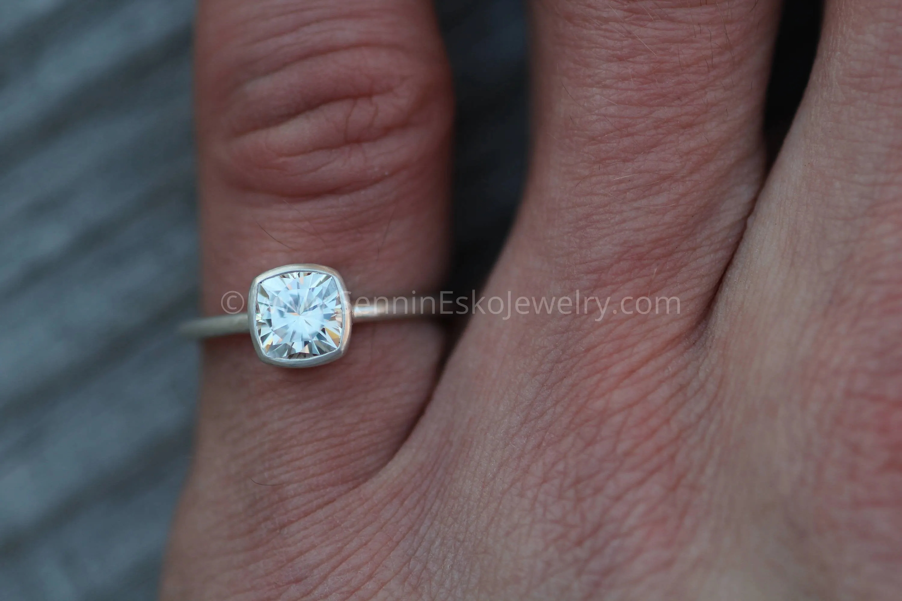 Near Colorless 6x6 Moissanite Cushion Cut Bezel White Gold Solitaire Ring - Forever One Moissanite
