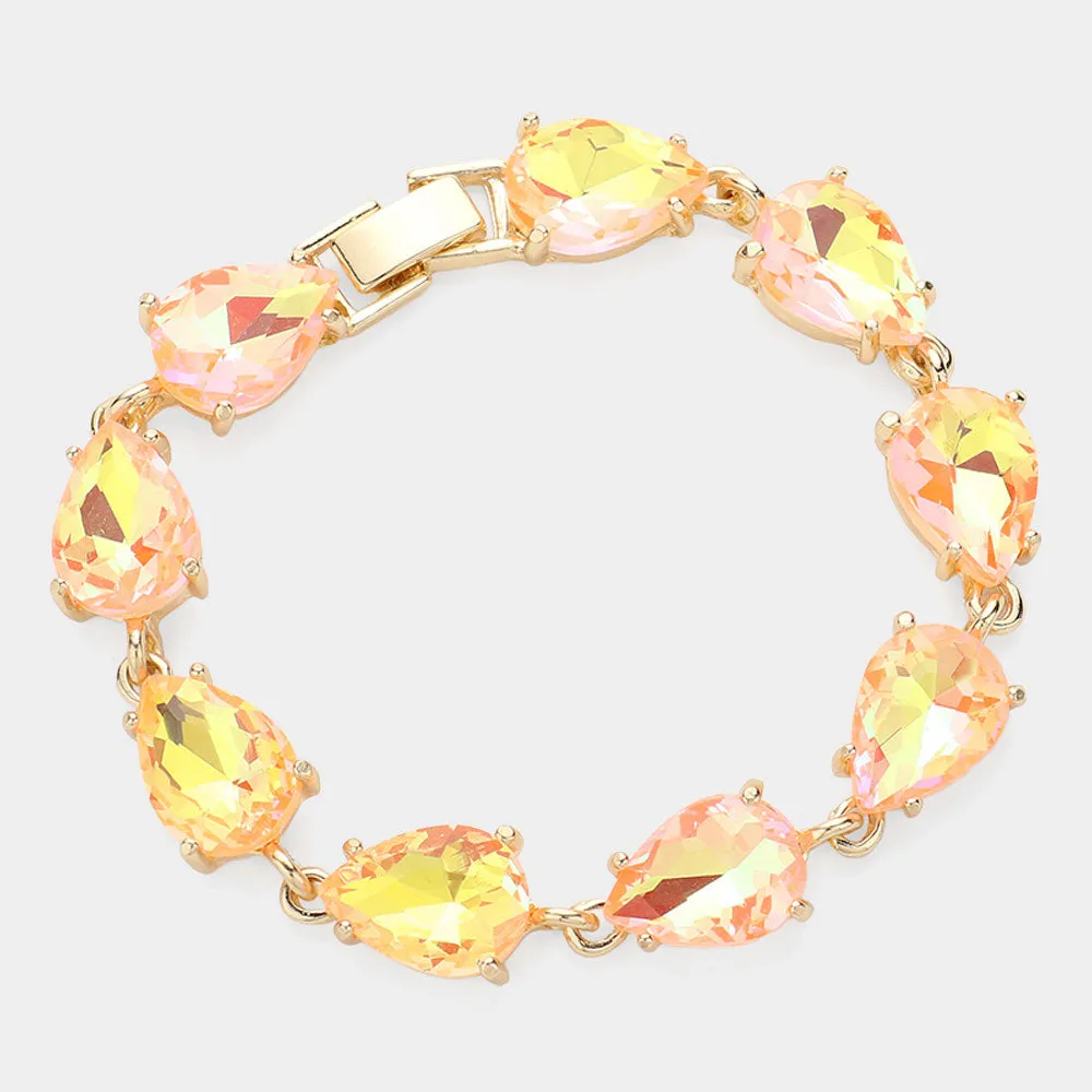 Neon Peach AB Teardrop cluster Link Pageant Bracelet  | Homecoming Bracelet | Homecoming Jewelry | 630069