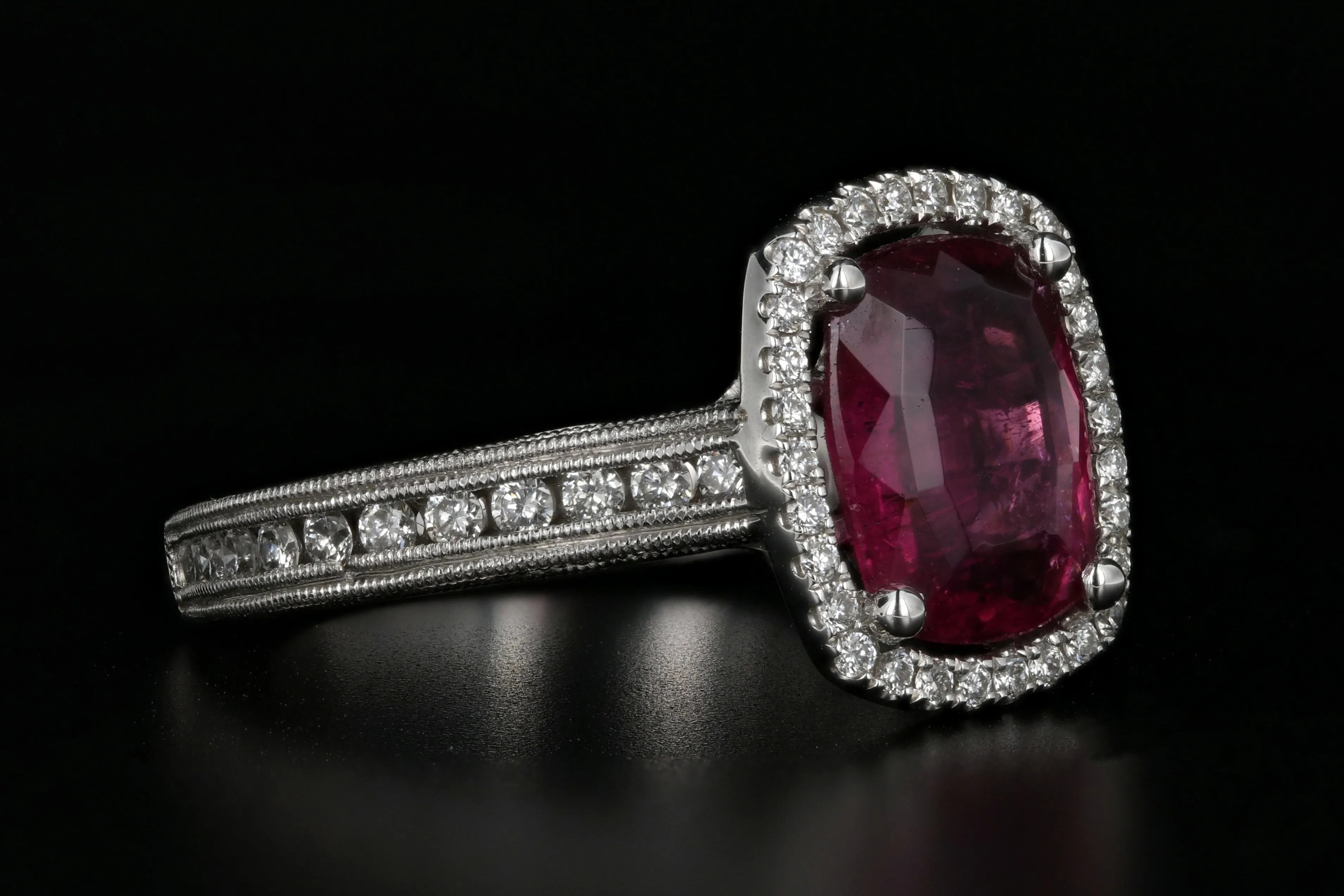 New 18K White Gold 2.73 Carat Natural Rubellite Tourmaline Diamond Ring PGS Certified