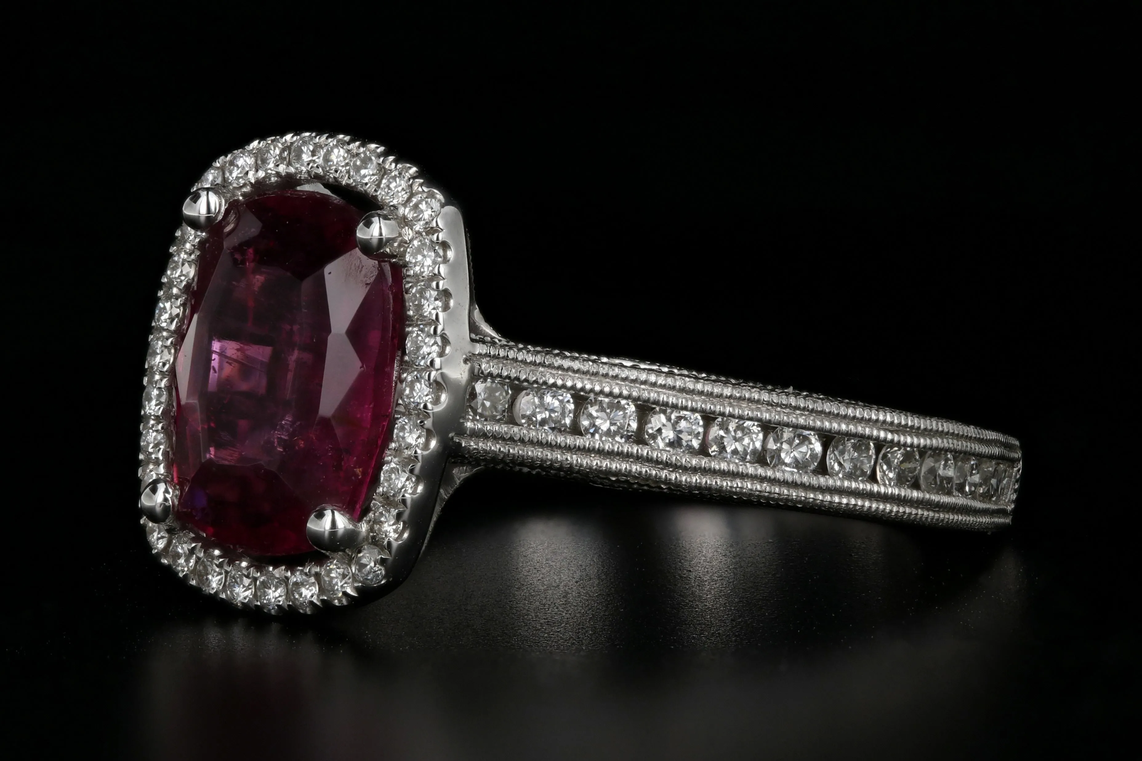 New 18K White Gold 2.73 Carat Natural Rubellite Tourmaline Diamond Ring PGS Certified