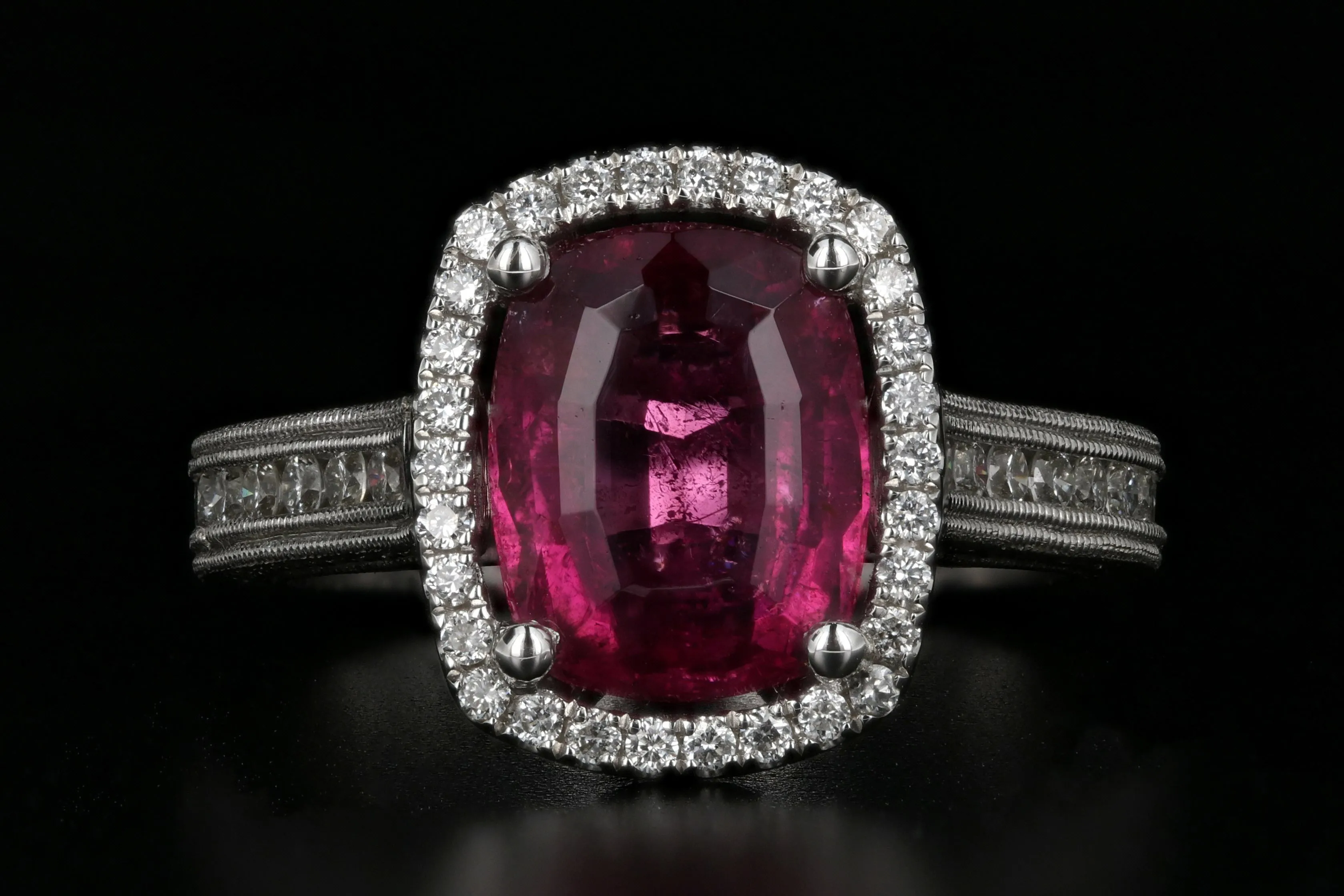 New 18K White Gold 2.73 Carat Natural Rubellite Tourmaline Diamond Ring PGS Certified