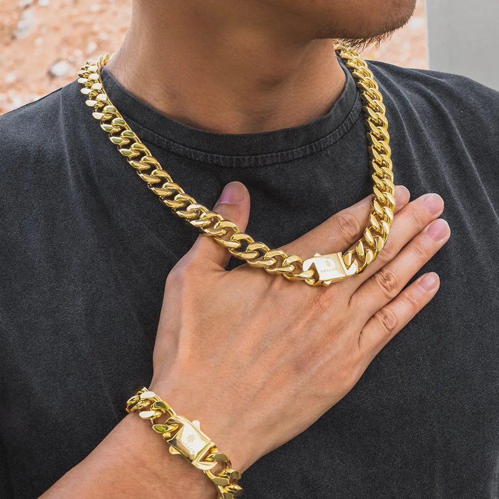 【NEW】14mm Miami Cuban Link Curb Chain and Bracelets Set with Hook Buckle Clasp in 18K Gold