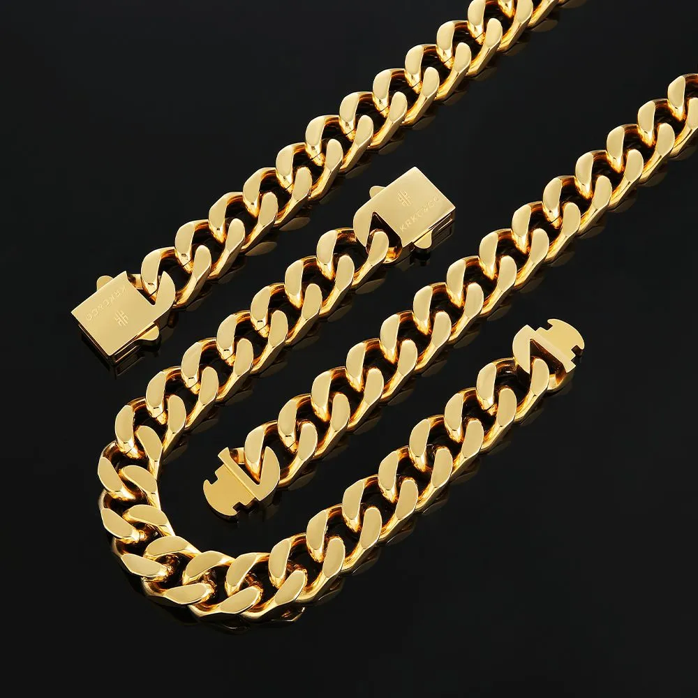 【NEW】14mm Miami Cuban Link Curb Chain and Bracelets Set with Hook Buckle Clasp in 18K Gold