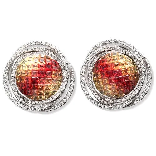 Orange Sapphire Accented by  Diamonds 18k White Gold Earrings