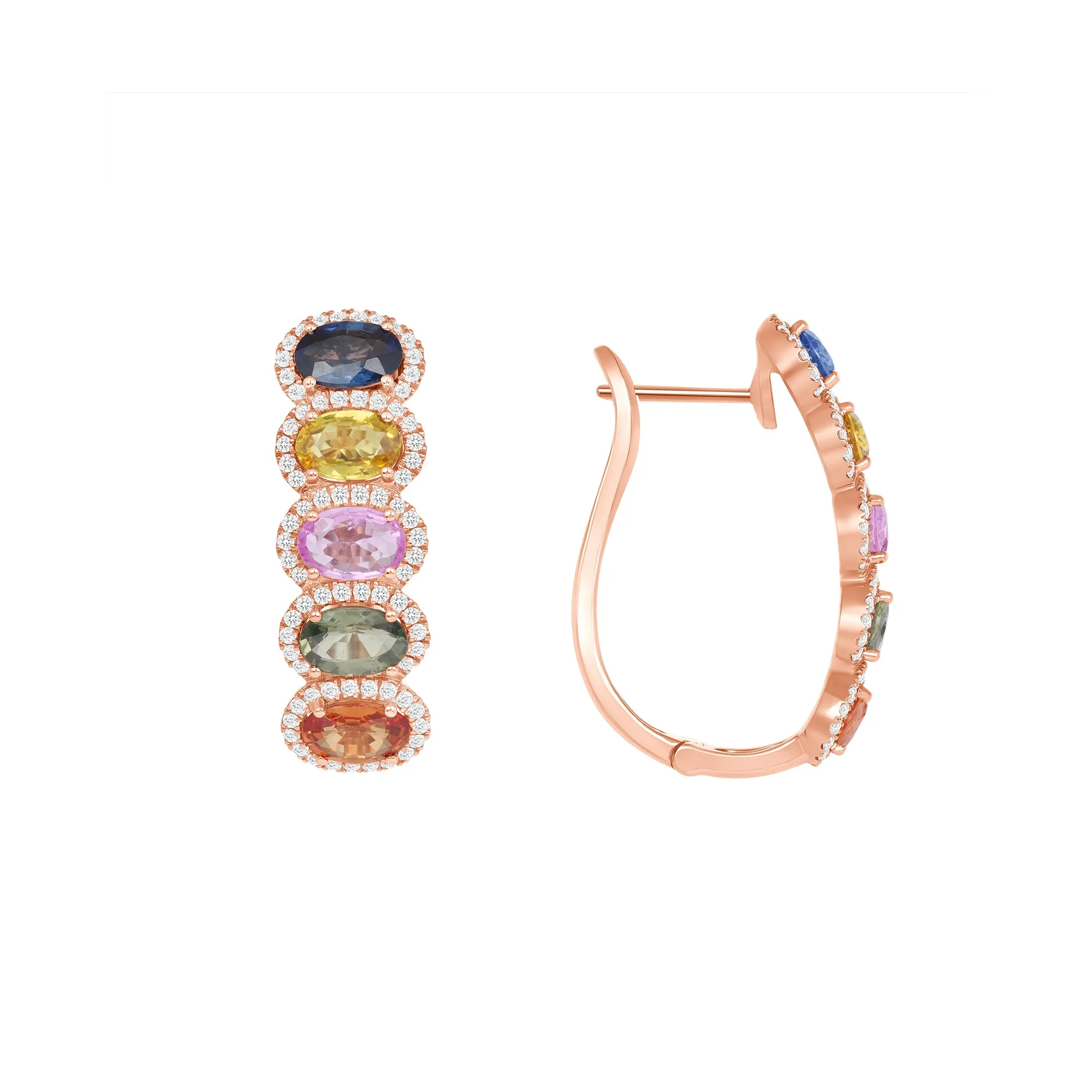 Oval cut Fancy Multicolor Sapphire Hoop Earrings & Diamond in 14k Rose Gold