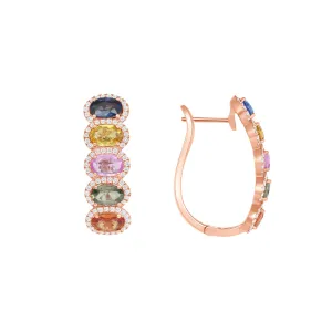Oval cut Fancy Multicolor Sapphire Hoop Earrings & Diamond in 14k Rose Gold
