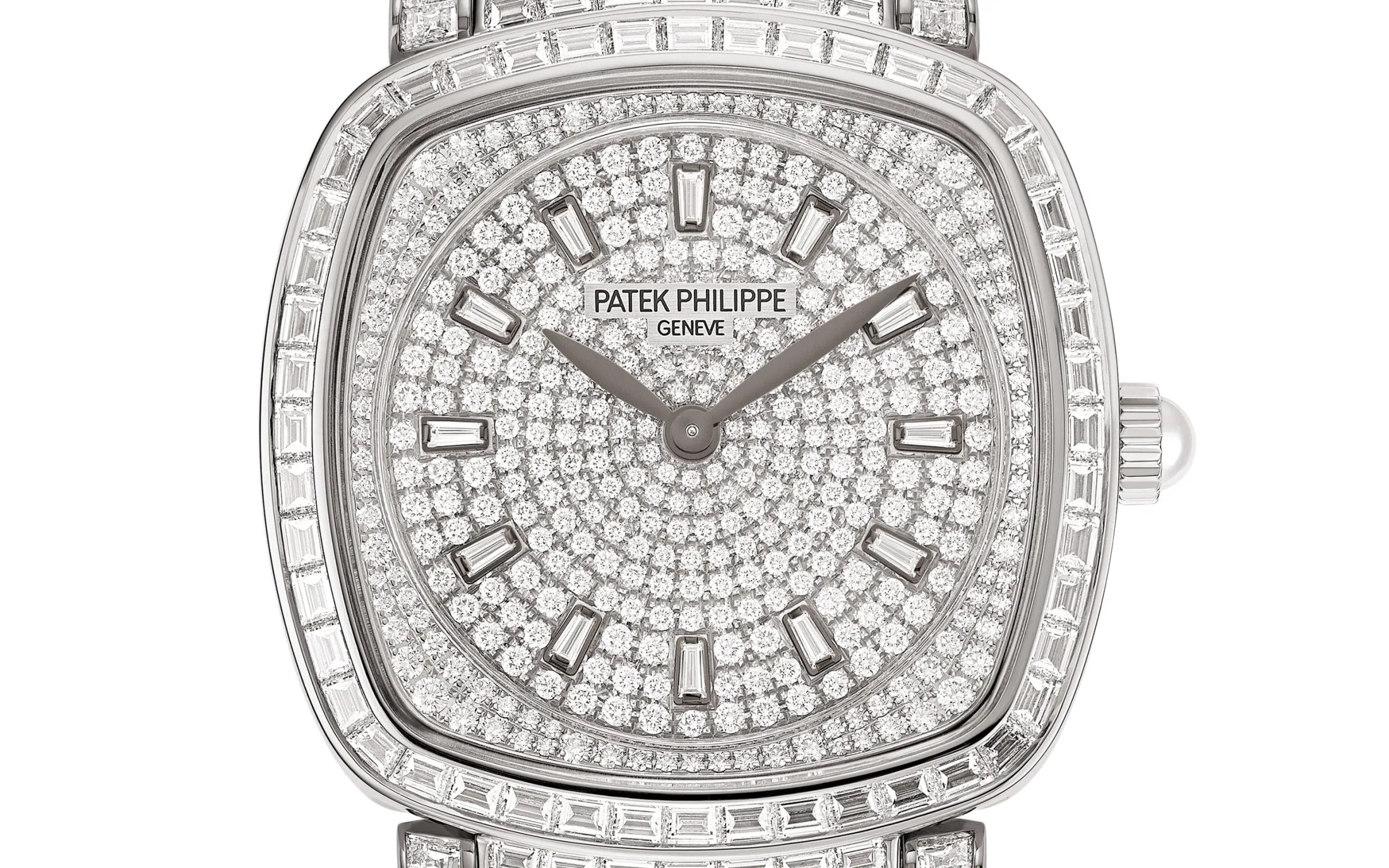 Patek Philippe Ladies Gondolo Haute Joaillerie, 18kt White Gold set with diamonds and Akoya pearls, 31 × 34.8mm, Ref# 7042/100G-010