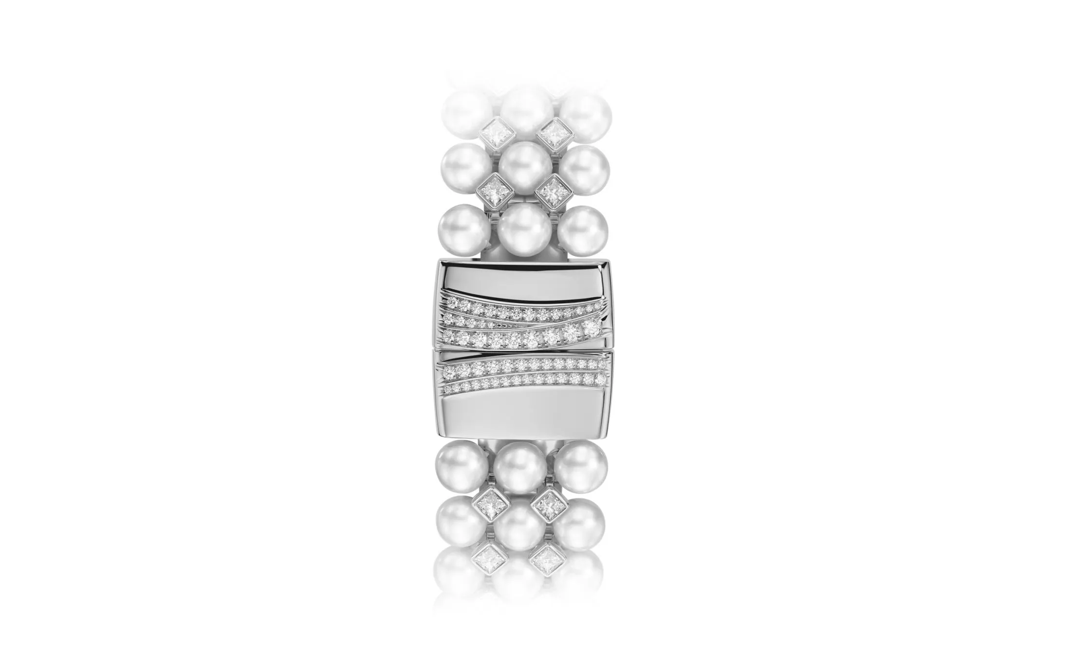 Patek Philippe Ladies Gondolo Haute Joaillerie, 18kt White Gold set with diamonds and Akoya pearls, 31 × 34.8mm, Ref# 7042/100G-010