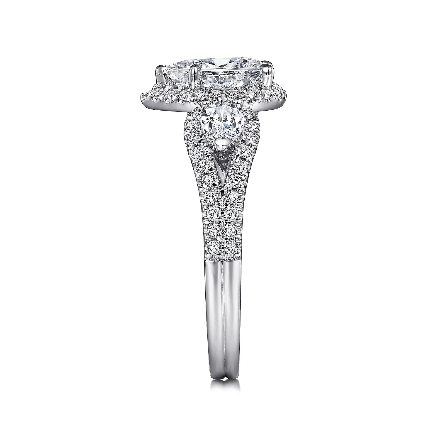 Pear Shape Three Stone Halo Diamond Engagement Ring Mounting