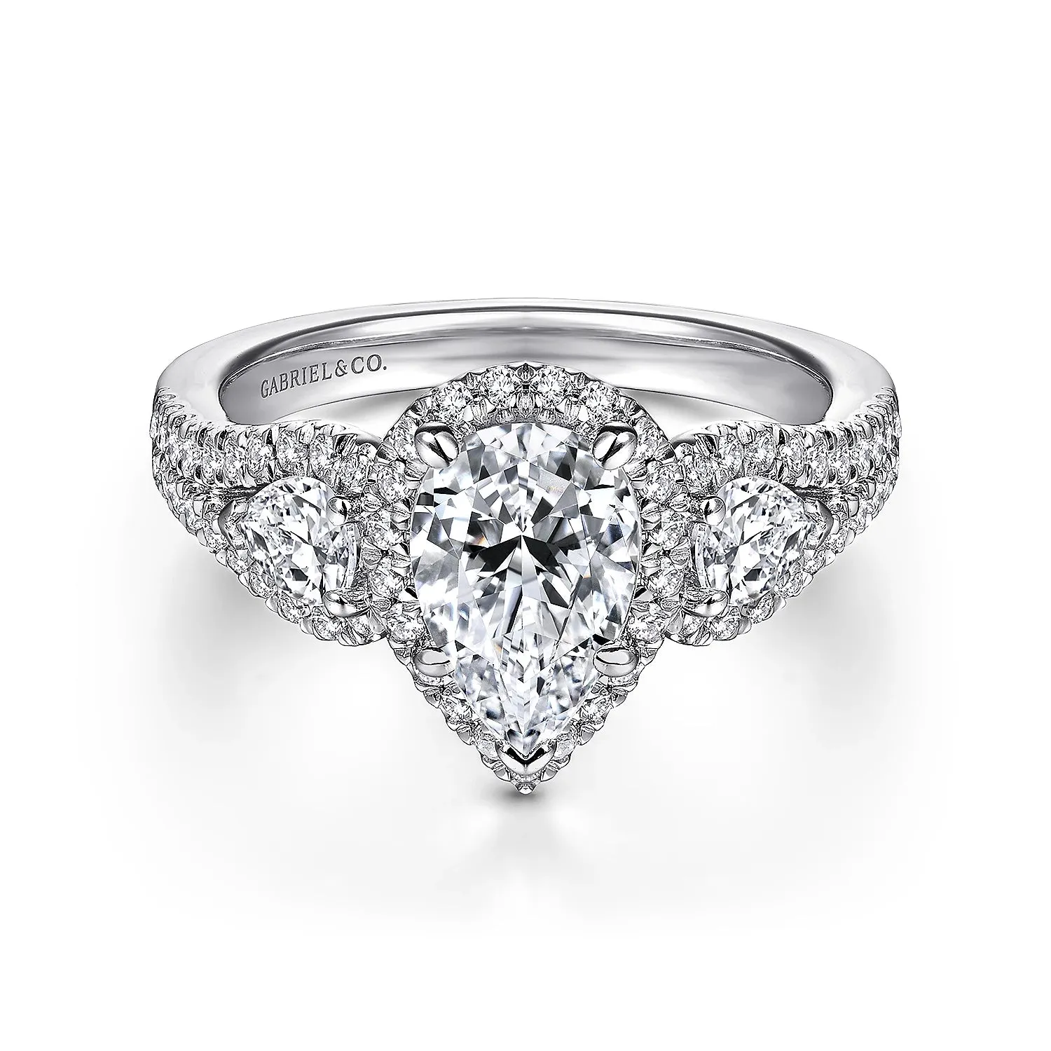 Pear Shape Three Stone Halo Diamond Engagement Ring Mounting