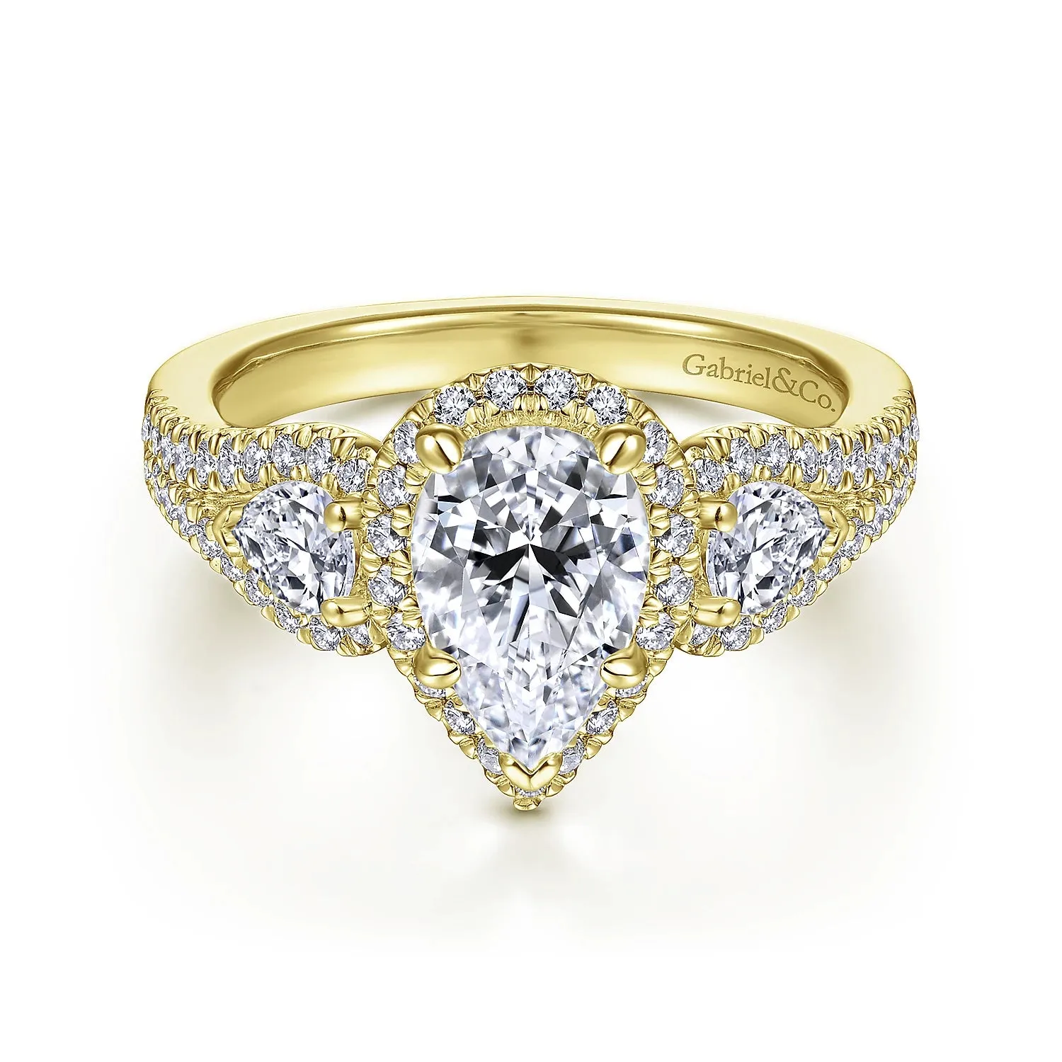 Pear Shape Three Stone Halo Diamond Engagement Ring Mounting