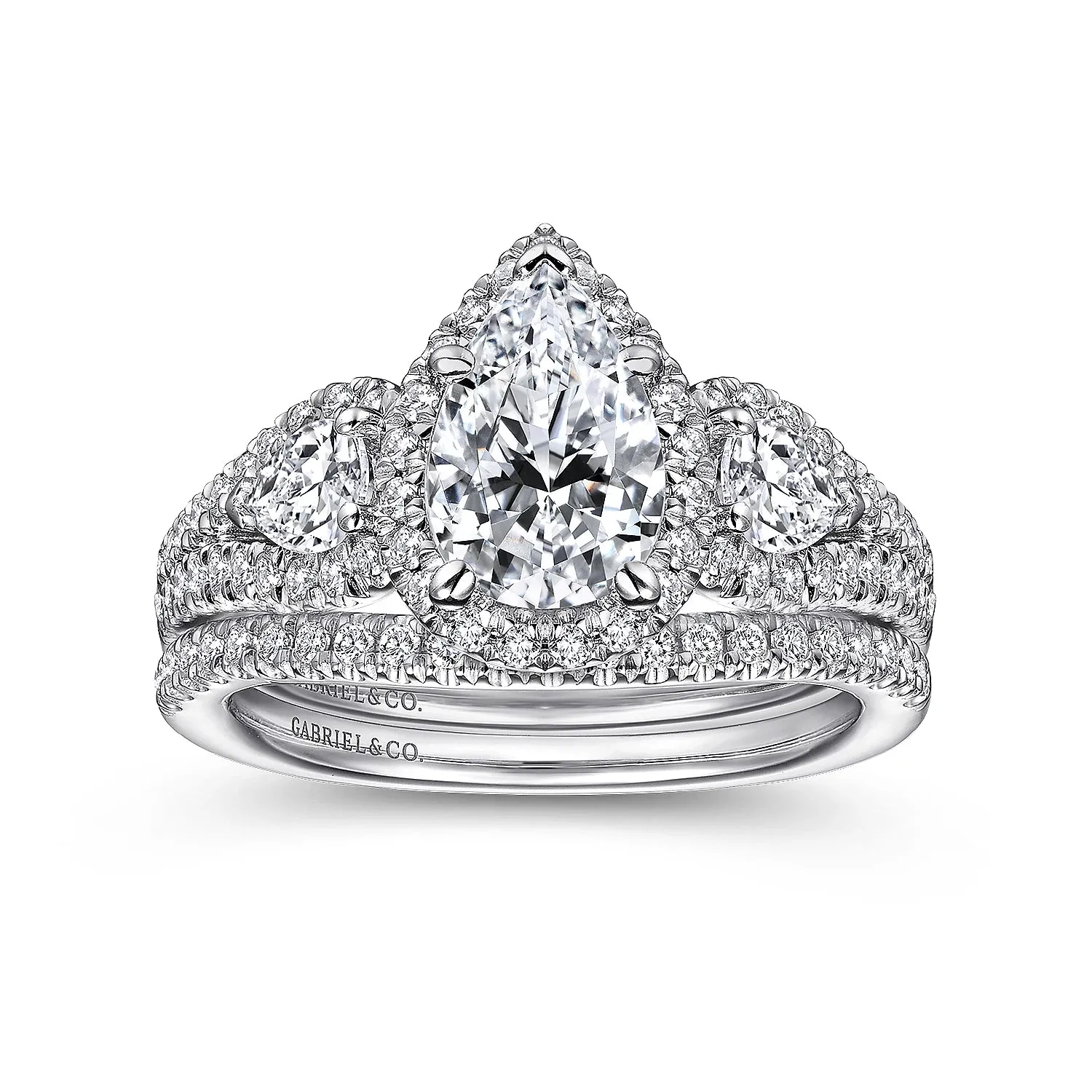 Pear Shape Three Stone Halo Diamond Engagement Ring Mounting