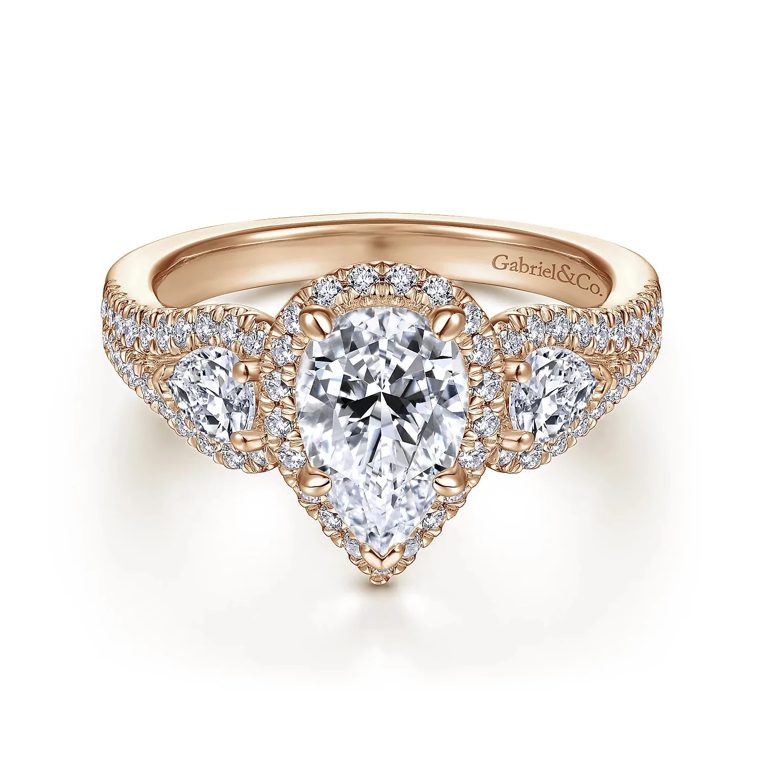 Pear Shape Three Stone Halo Diamond Engagement Ring Mounting