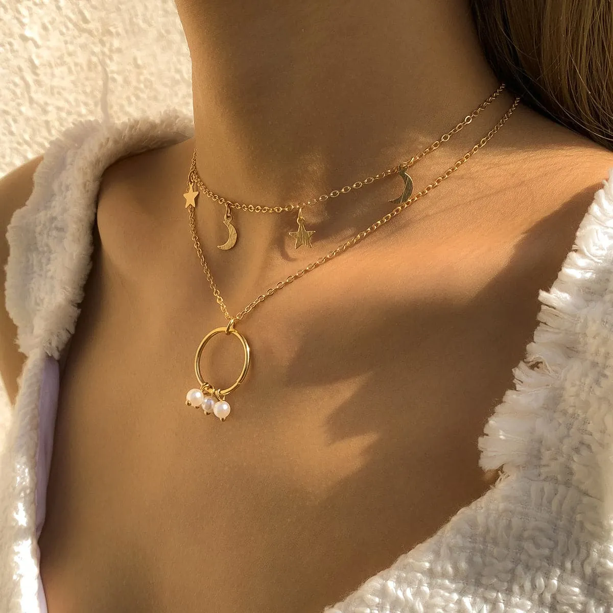 Pearl & 18K Gold-Plated Hoop Celestial Necklace Set
